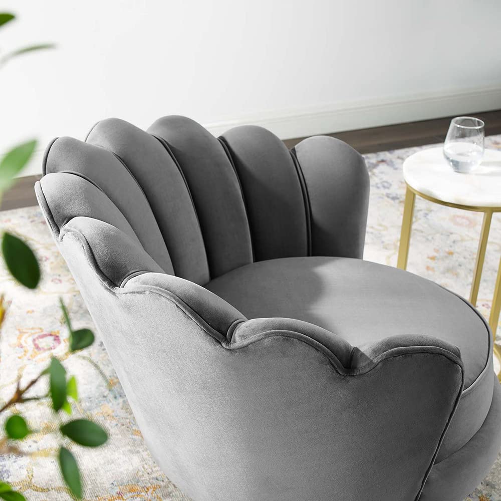 Modway Admire Scalloped Edge Performance Velvet Accent Lounge Arm Chair - Gray Velvet Upholstered Living Room Chair for Home Office, Bedroom & Reading Nook