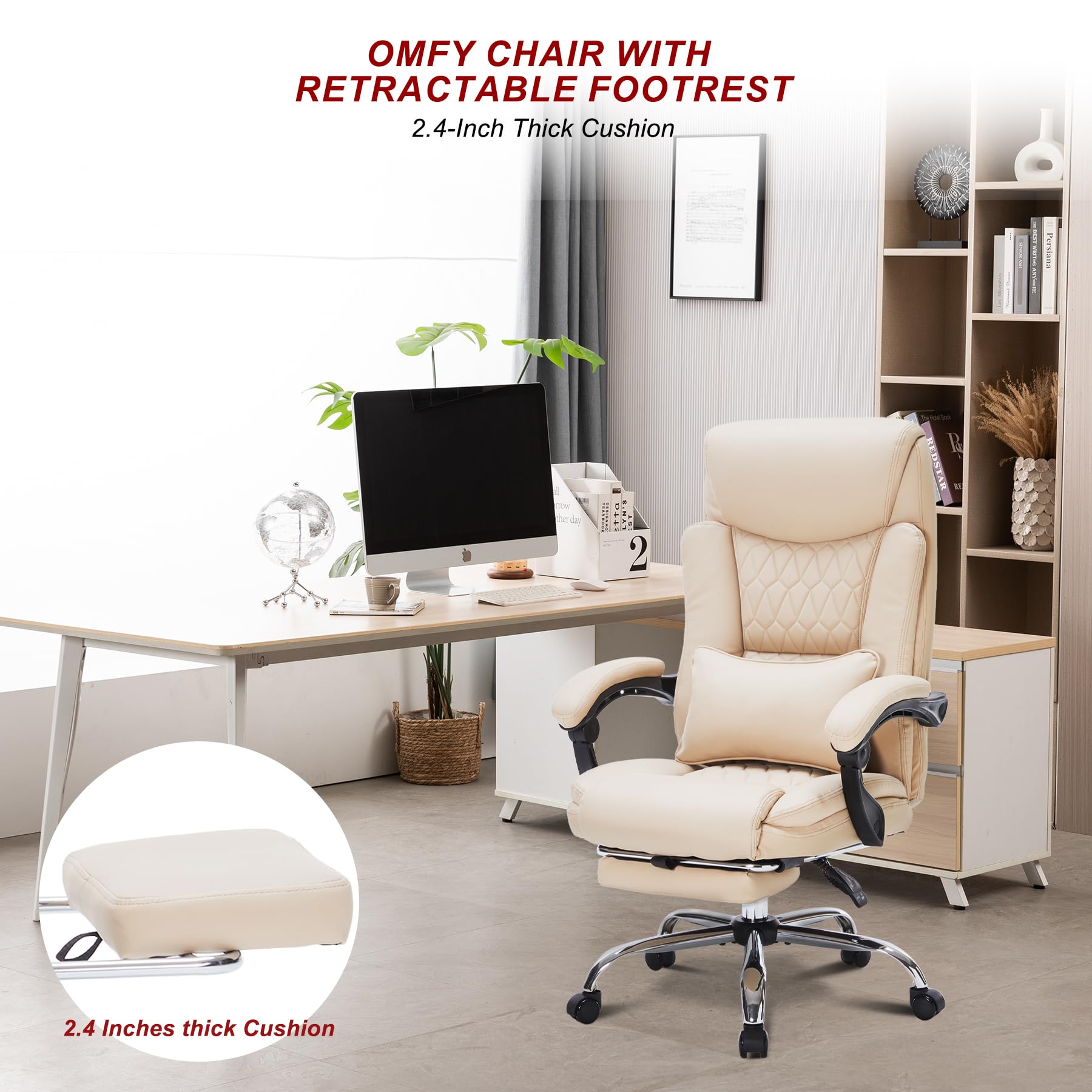 400lbs Heavy Duty Executive Office Chair with Footrest - Big & Tall Ergonomic Reclining Chair for Home Office - Comfortable Desk Chair for Heavy People (Khaki) - Perfect for Long Work Hours & Back Support
