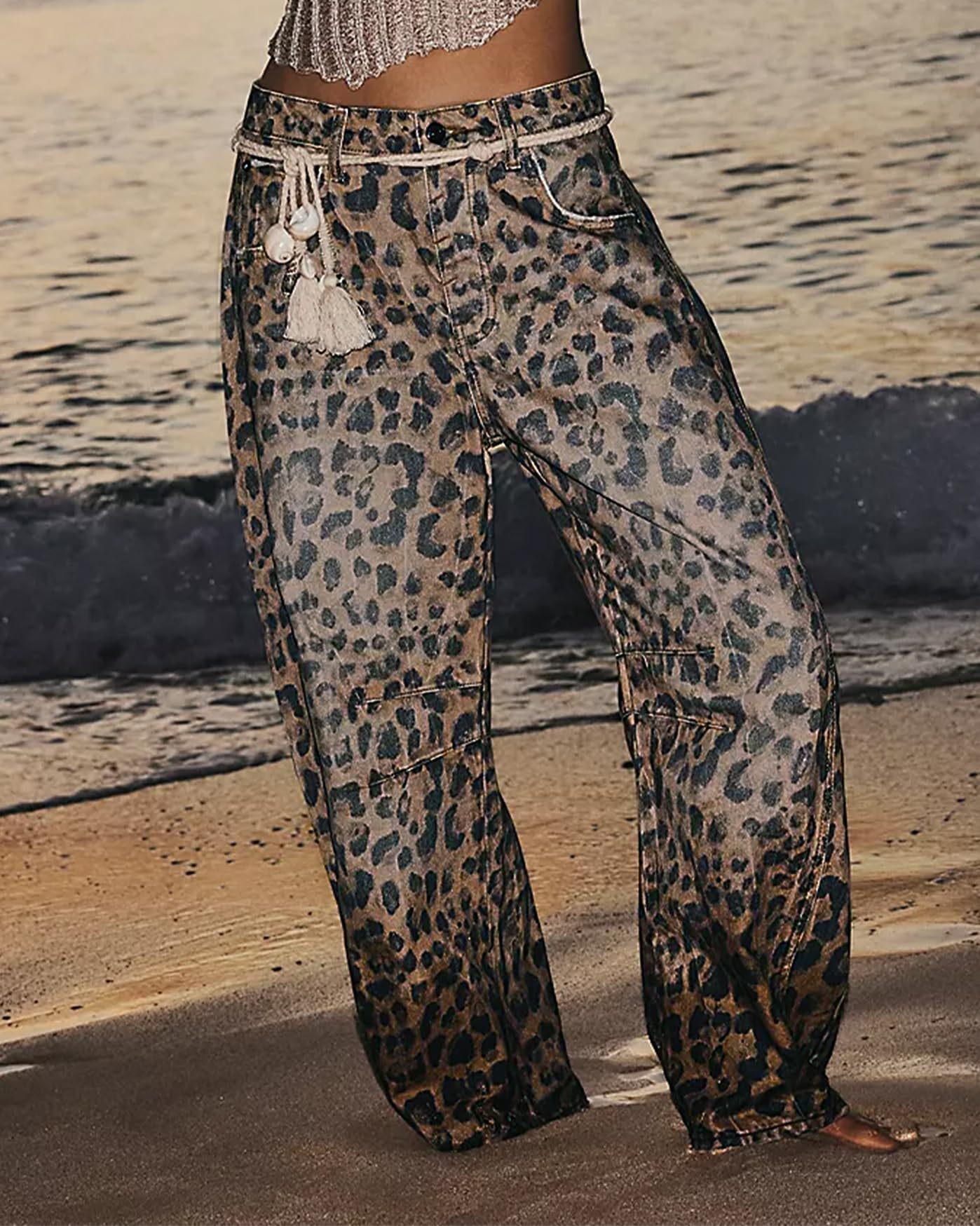 Women's Mid Rise Barrel Jeans - Leopard Print Baggy Wide Leg Cropped Denim Pants | Casual Boyfriend Style Ankle Jeans for Everyday Wear & Street Fashion