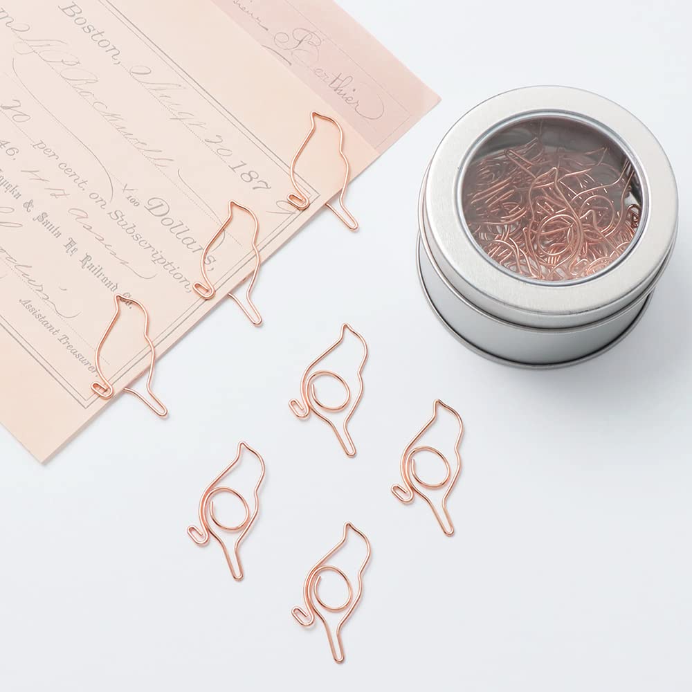 30pcs Rose Gold Bird Shaped Paper Clips - Stainless Steel Cute Journaling Clamps, Creative Bookmark Clips for Scrapbooking, Office, School & Document Organization (Tin Box Included) - Perfect for DIY Crafts, Gift Wrapping & Planner Decorating