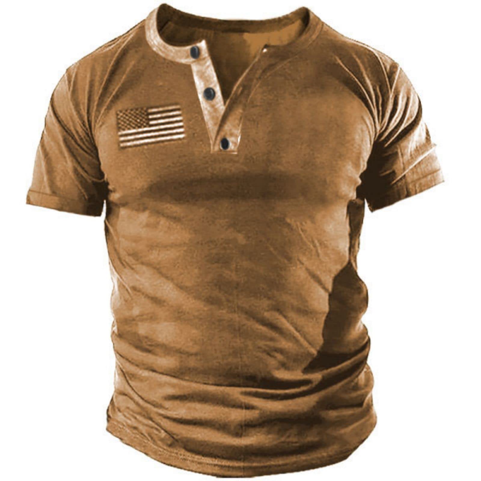 **Men's Casual Button-Up Short Sleeve Henley T-Shirt - Patriotic Tactical Military Army Shirt for Men | Perfect for Outdoor Adventures, Workouts & Casual Wear**