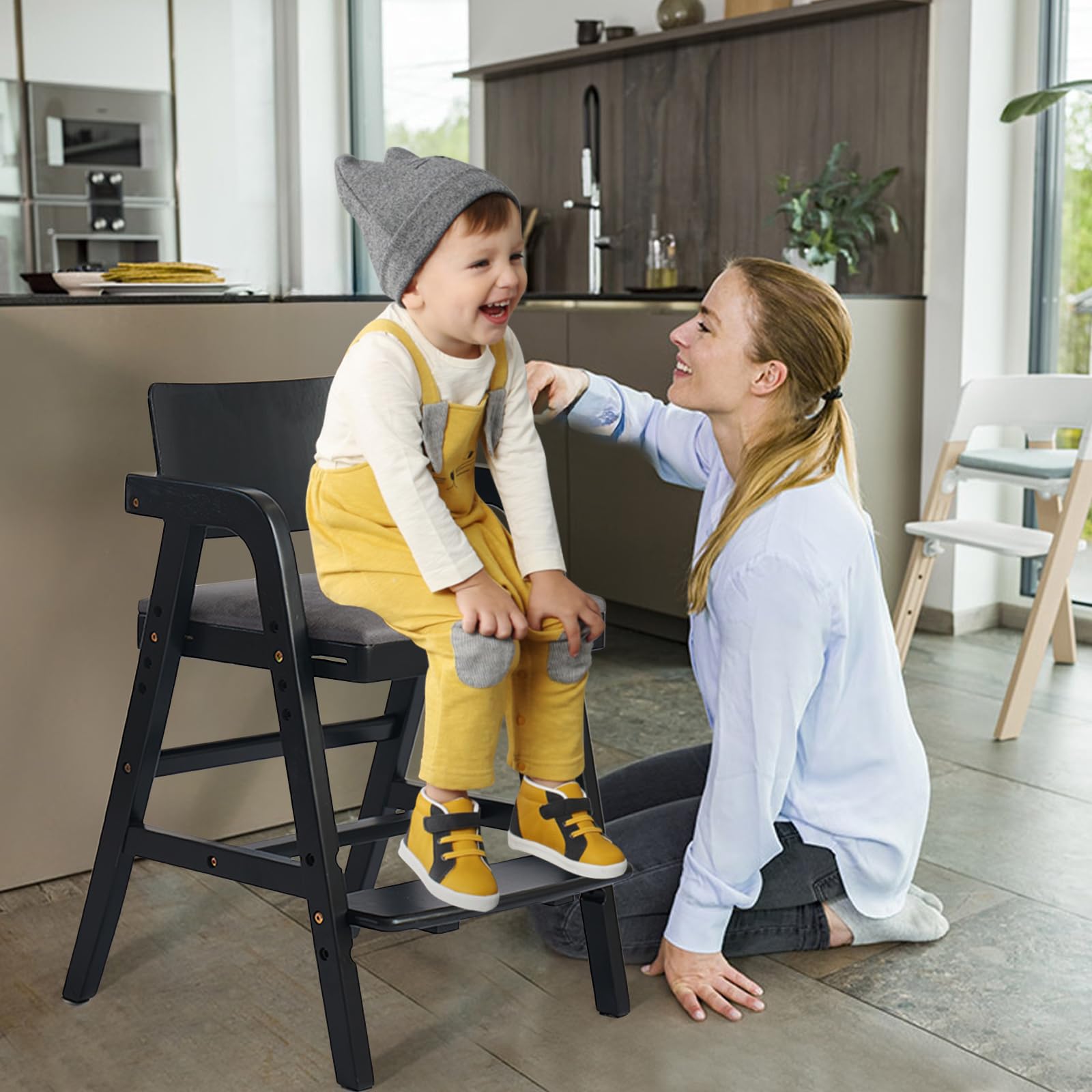 **Adjustable Wooden High Chair for Babies & Toddlers - Kids Dining Chair with Removable Cushion - Safe & Sturdy Toddler Counter Chair for Mealtime, Study & Play (Black)**