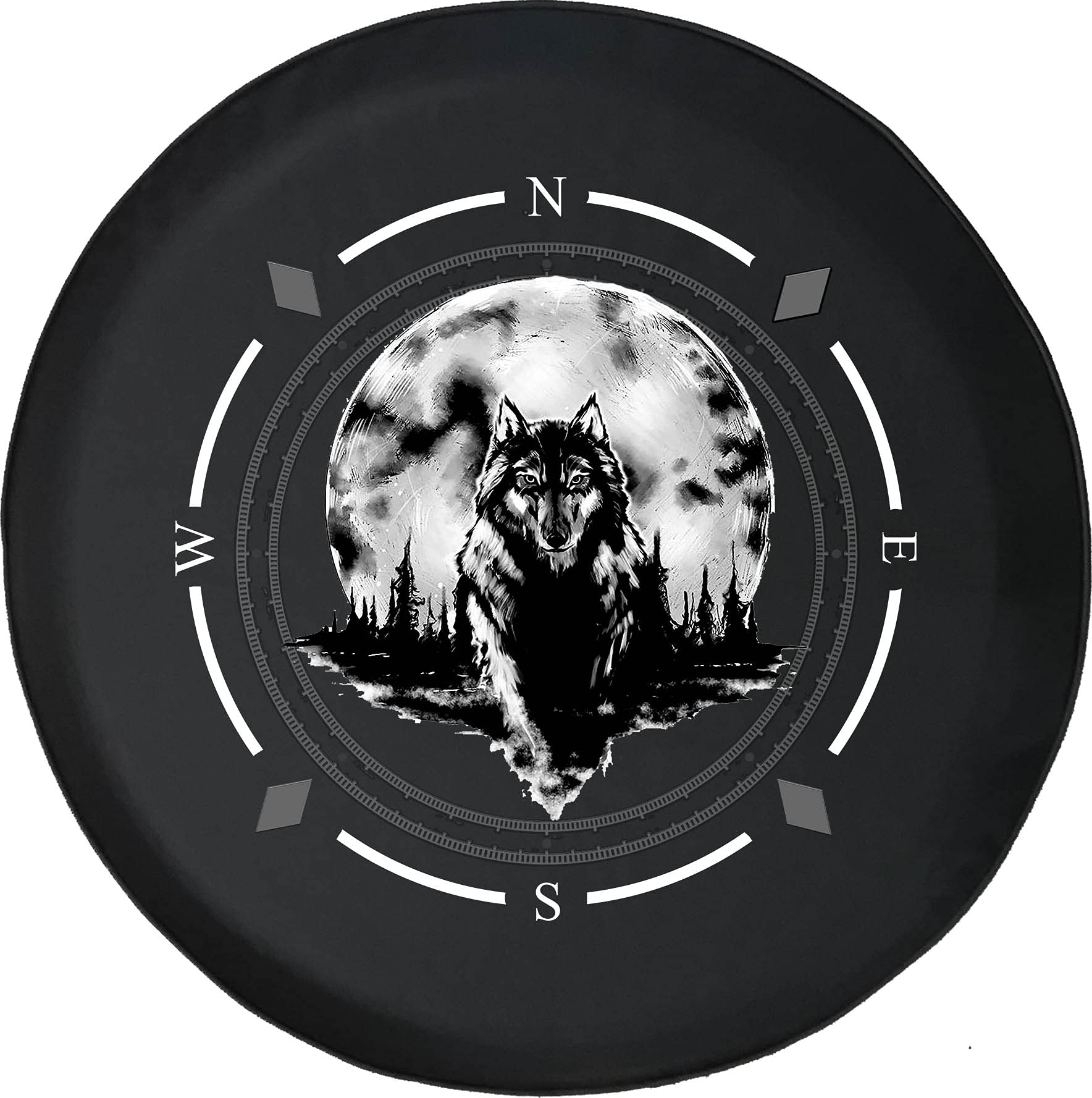 American Unlimited Spare Tire Cover with Compass & Lone Wolf Full Moon Design - Universal Fit for SUV, Trailer, RV & Most Vehicles - Durable Wheel Protector for Off-Road Adventures & Camping Trips