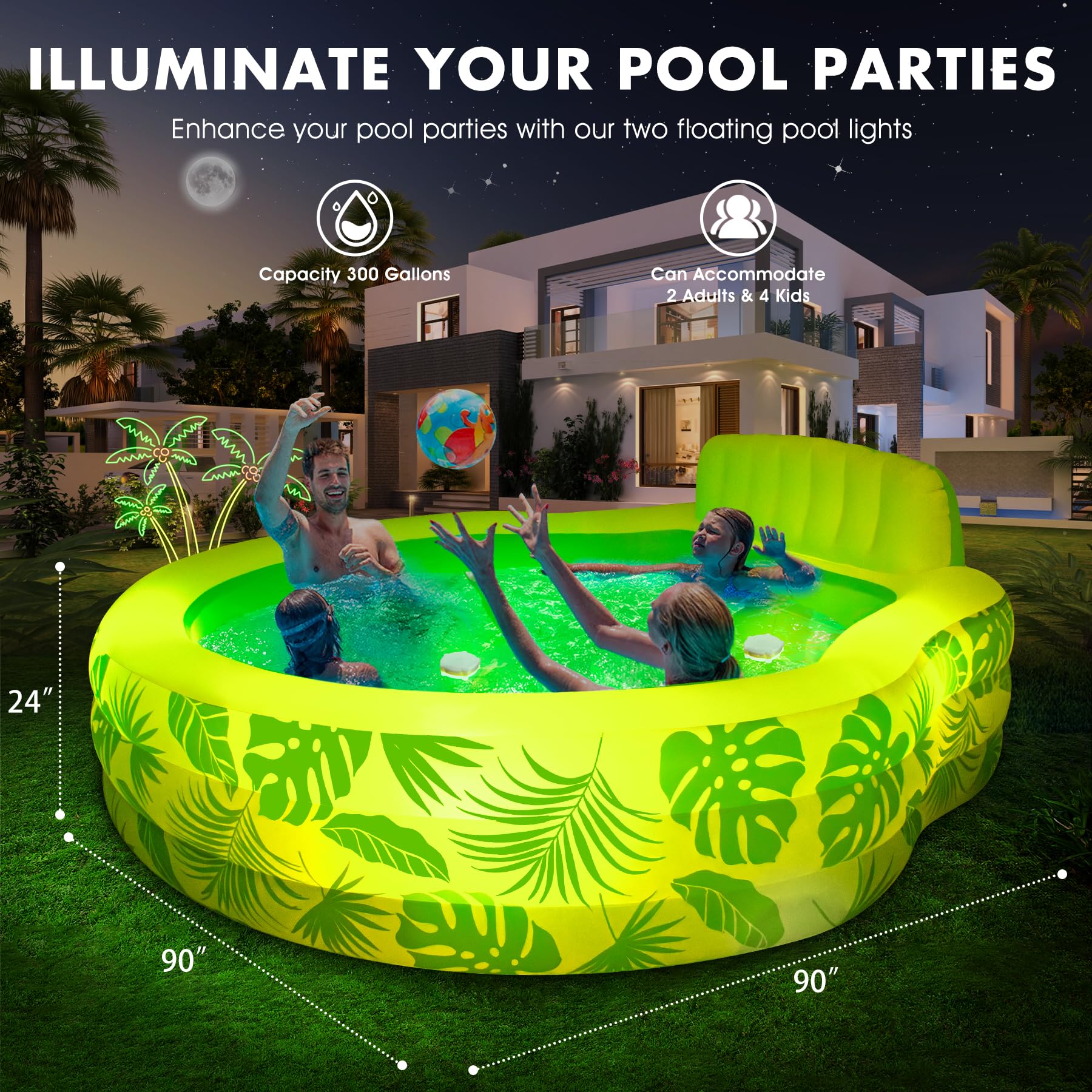 **Inflatable Pool with LED Lights, 90