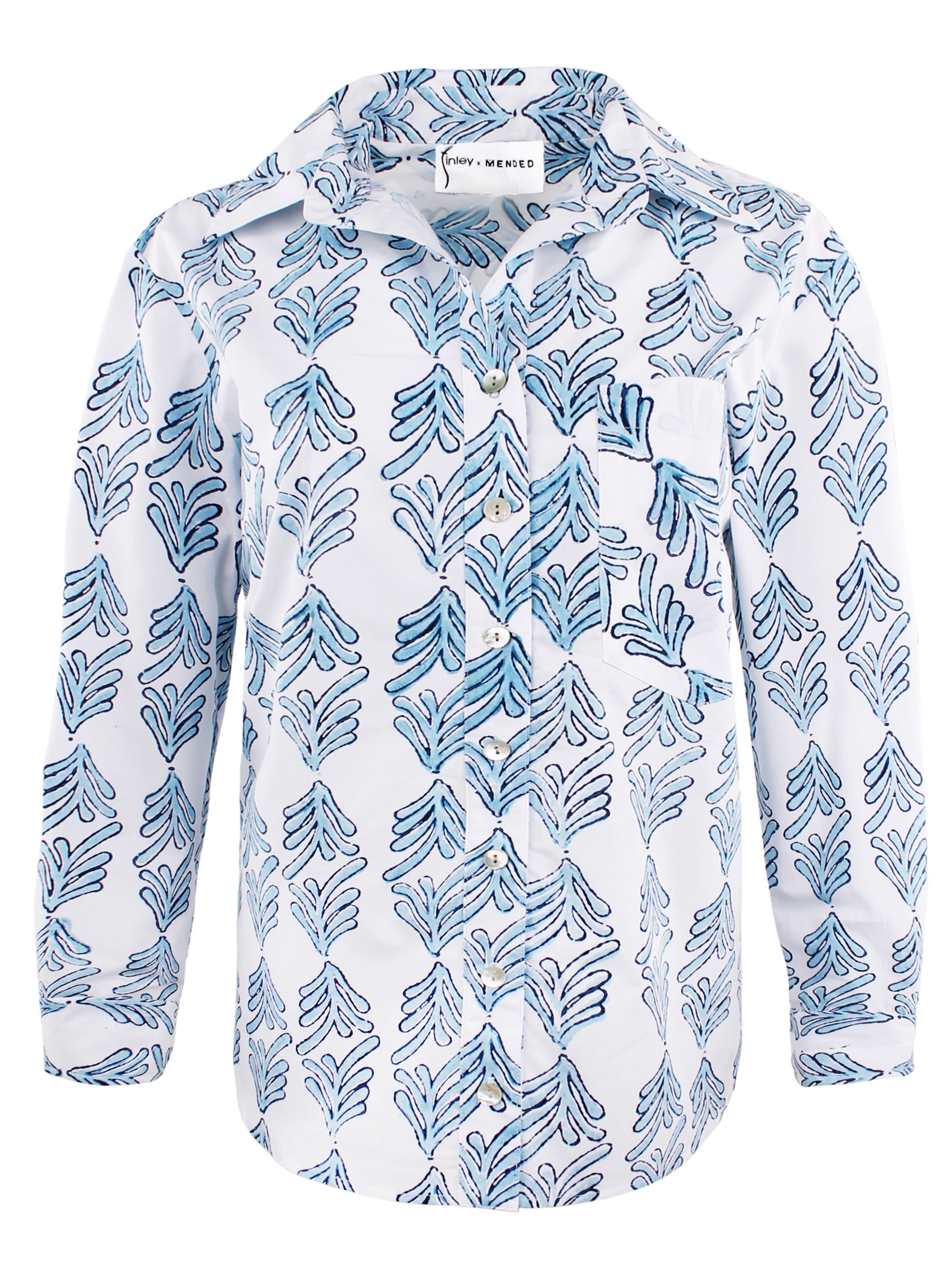 MENDED Andie Button Down Shirt for Women - Blue Palmetto Print Floral Casual Blouse | Perfect for Office, Date Night & Spring Outfits