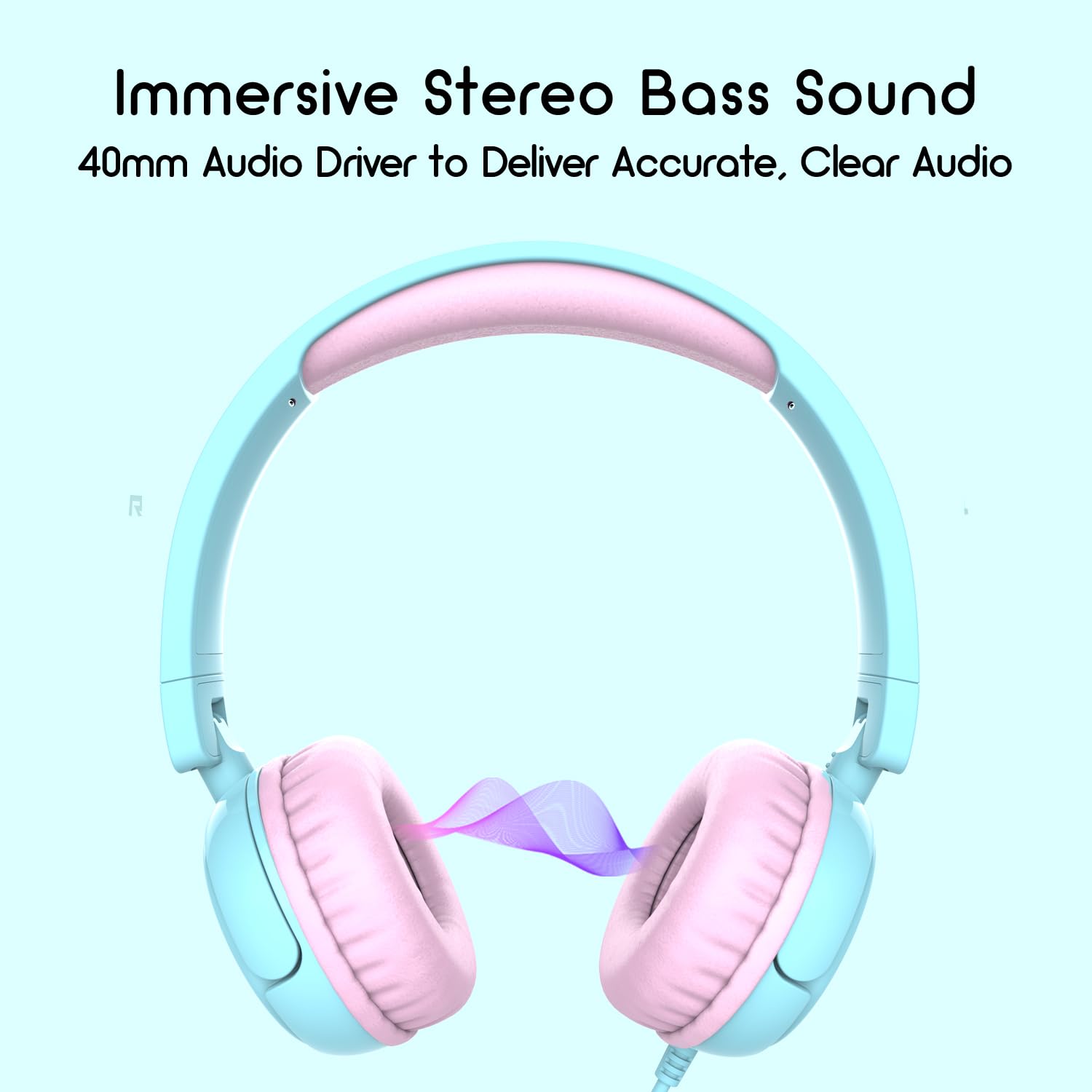 V1 Kids Headphones - Wired Stereo Foldable Tangle-Free 3.5mm Adjustable On-Ear Headphones for Children, Teens, Boys & Girls - Compatible with iPad, Tablet, Kindle & Phones - Perfect for School, Travel, Airplane & Home Use (Cyan Blue)