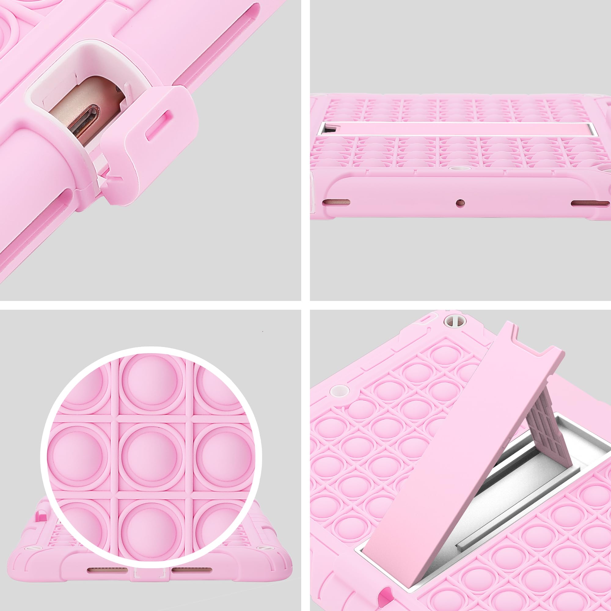 Sensory Fidget Toy Case for iPad 9.7 Inch 5th/6th Generation 2018/2017/Air 1/Air 2/iPad Pro - Shockproof Push Pop Bubble Cover with Pencil Holder, Kickstand & Shoulder Strap (Pink) - Perfect for Stress Relief, Focus & Travel