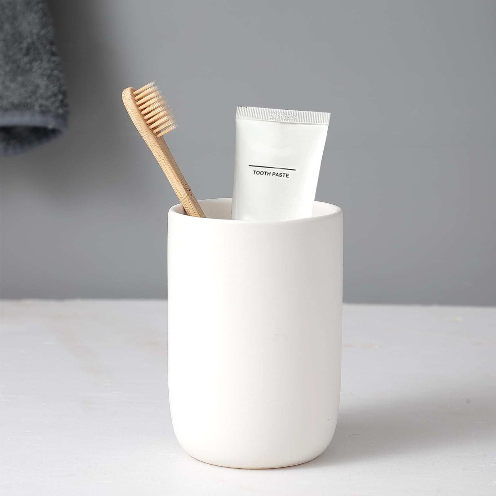 Ceramic Toothbrush Holder for Bathroom - White Reusable Toothbrush & Toothpaste Cup with Mouthwash Compartment | Bathroom Counter Organizer for Sink, Vanity & Shower Organization