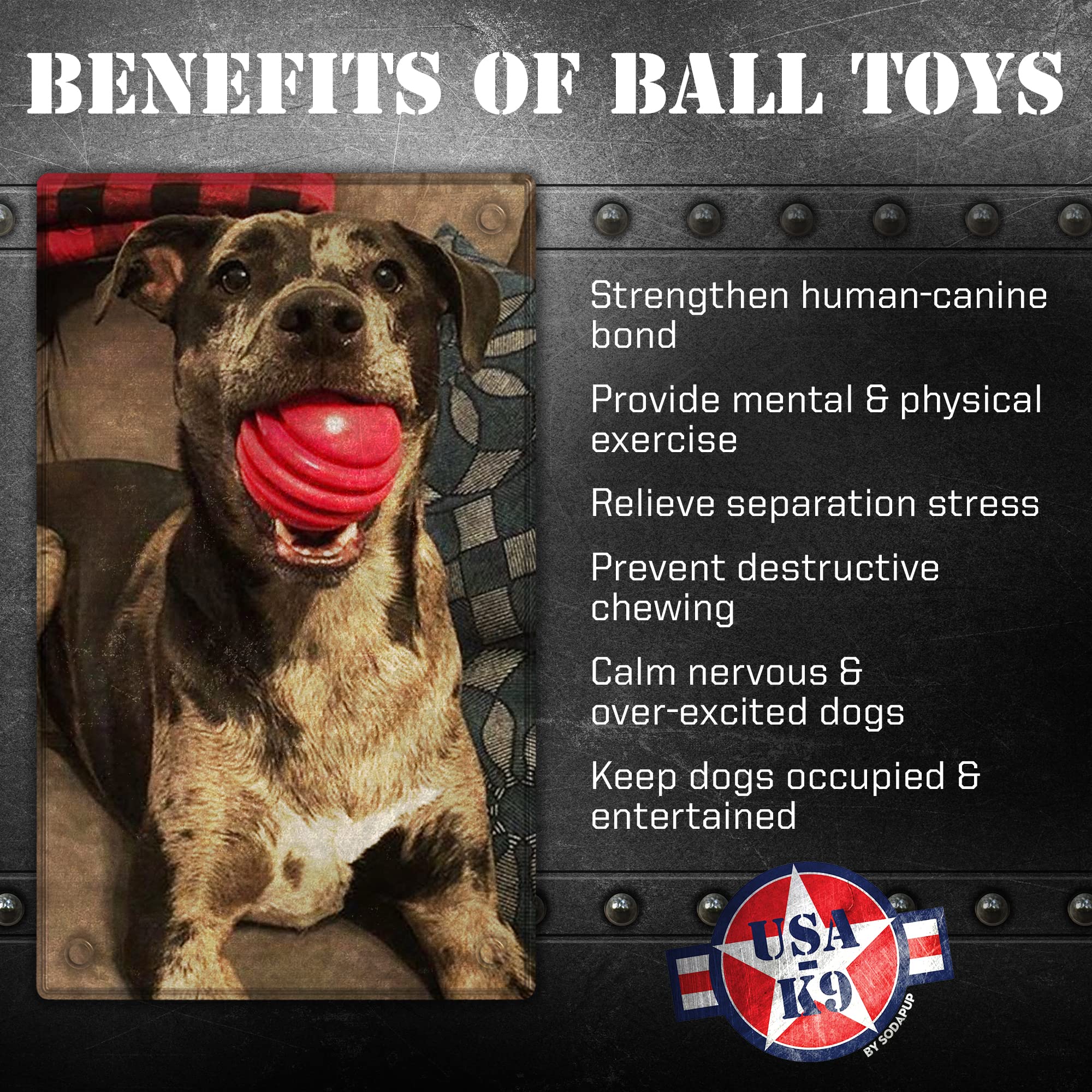 SodaPup USA-K9 Stars & Stripes Durable Dog Ball Toy - Non-Toxic Natural Rubber Chew Toy for Puppies & Adult Dogs | Made in USA | Promotes Bonding, Mental Stimulation & Physical Exercise | Great for Aggressive Chewers, Anxiety Relief & Interactive Playtime
