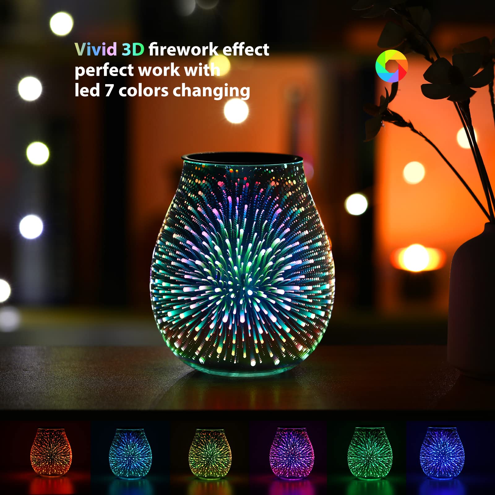 3D Glass Electric Wax Melt Warmer with PTC Heating & 7-Color LED Lights - Reusable Silicone Tray, Aromatherapy Oil Diffuser for Home, Office, Bedroom, Spa - Perfect for Relaxation, Mood Lighting & Fragrance Therapy
