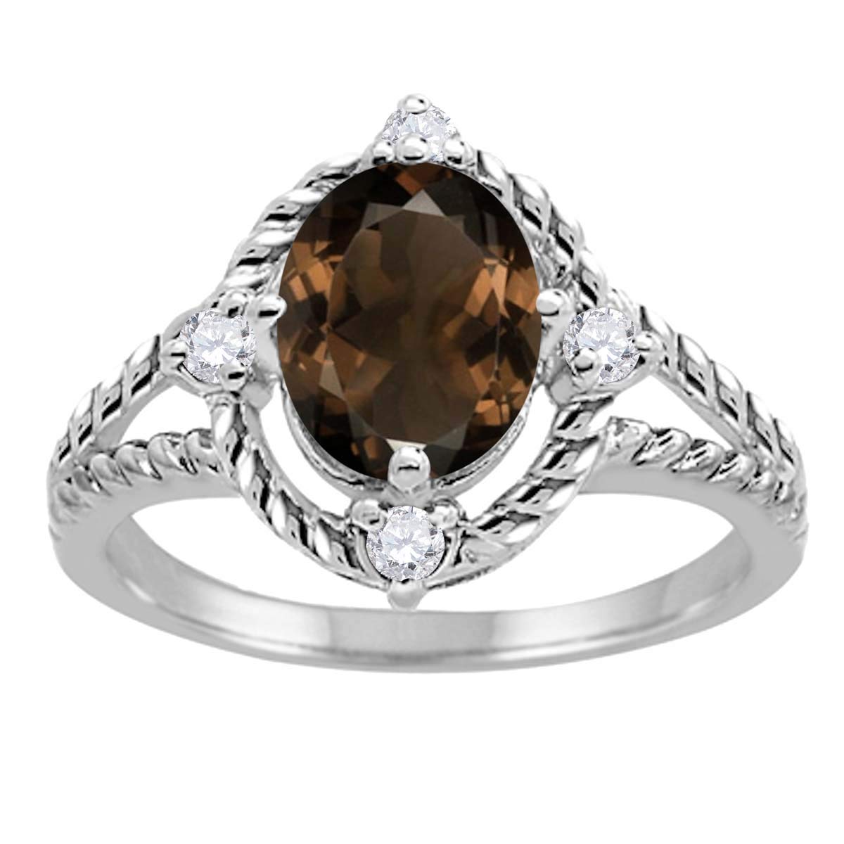 MauliJewels 10K White Gold 1.87 Carat Smokey Quartz & Diamond Prong Ring for Women - Elegant Wedding, Anniversary & Evening Party Jewelry