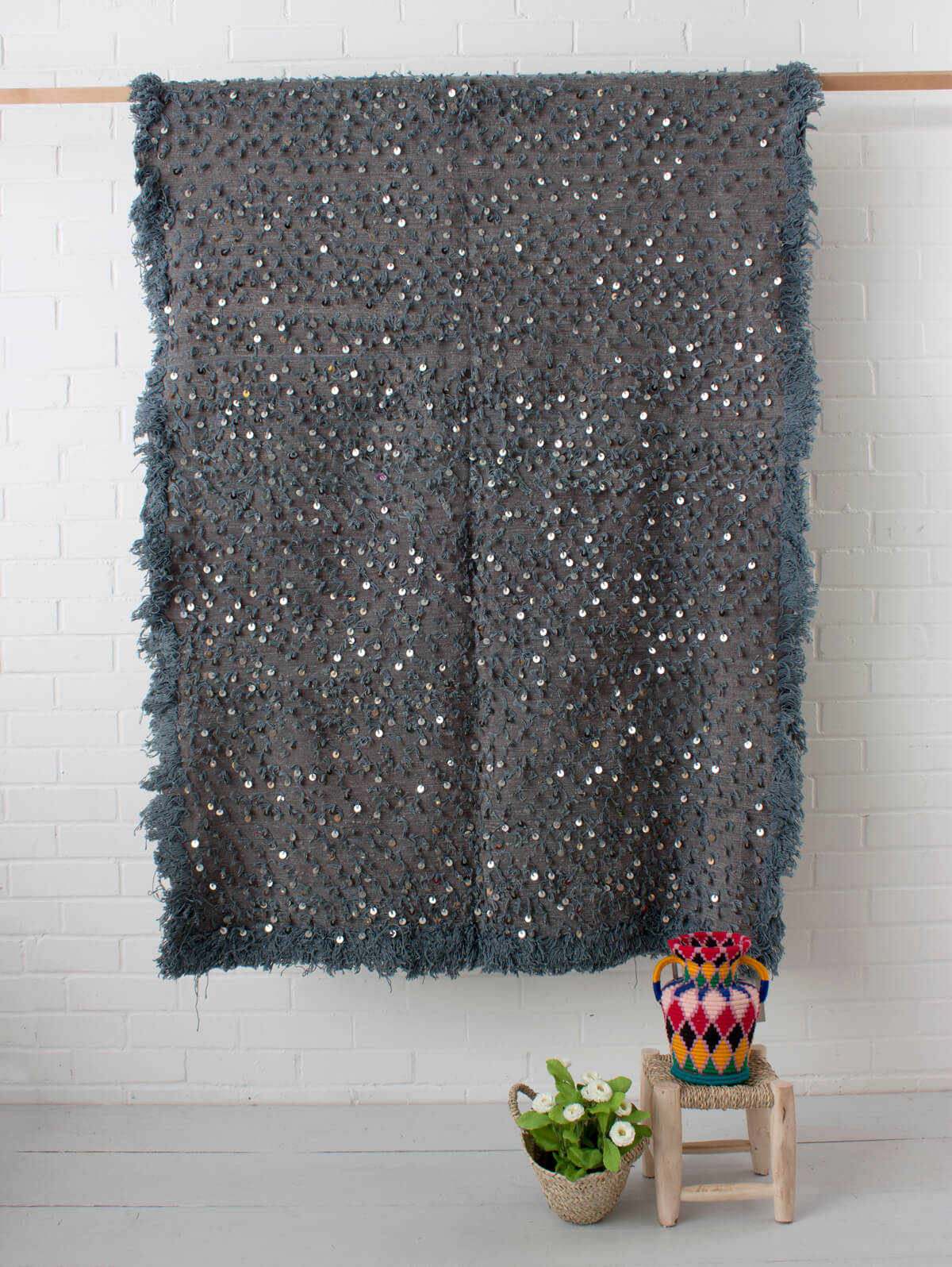 Authentic Moroccan Handira Wedding Blanket No. 128 - Handmade Berber Textile with Sequins - Perfect for Boho Home Decor, Wedding Gift & Cozy Throw Blanket