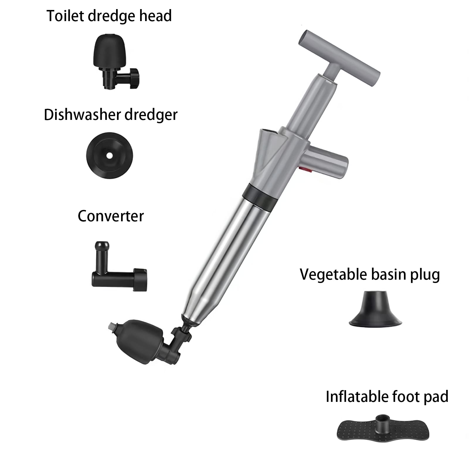 Stainless Steel High Pressure Toilet Plunger - Bathroom Drain Clog Remover for Sink, Floor Drain & Clogged Pipes - Heavy Duty Plumbing Tool (Gray) - Perfect for Home, RV & Commercial Use