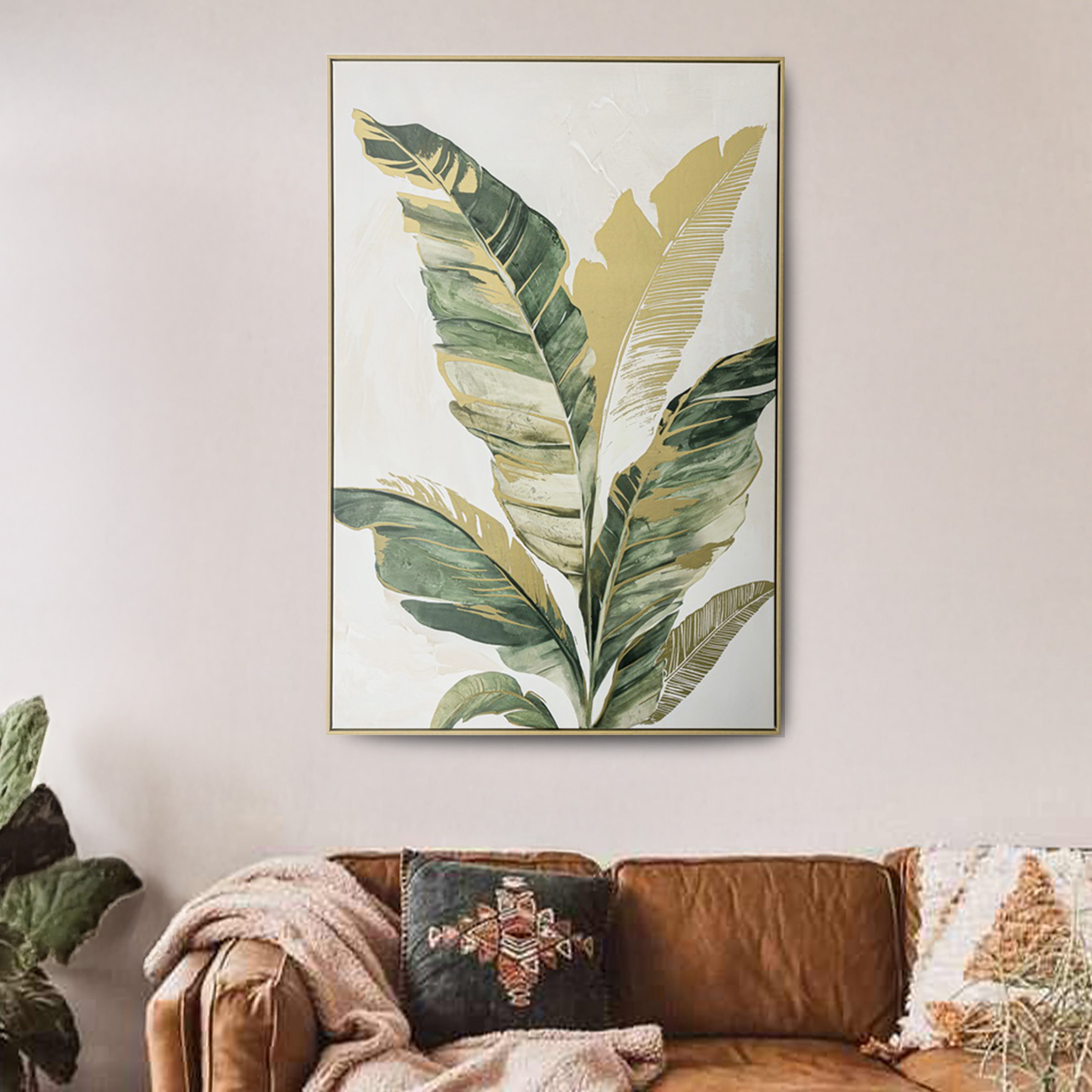 Urban Style Brushmarks Foiled Canvas Palm Wall Art - Tropical Decor for Living Room, Bedroom & Office