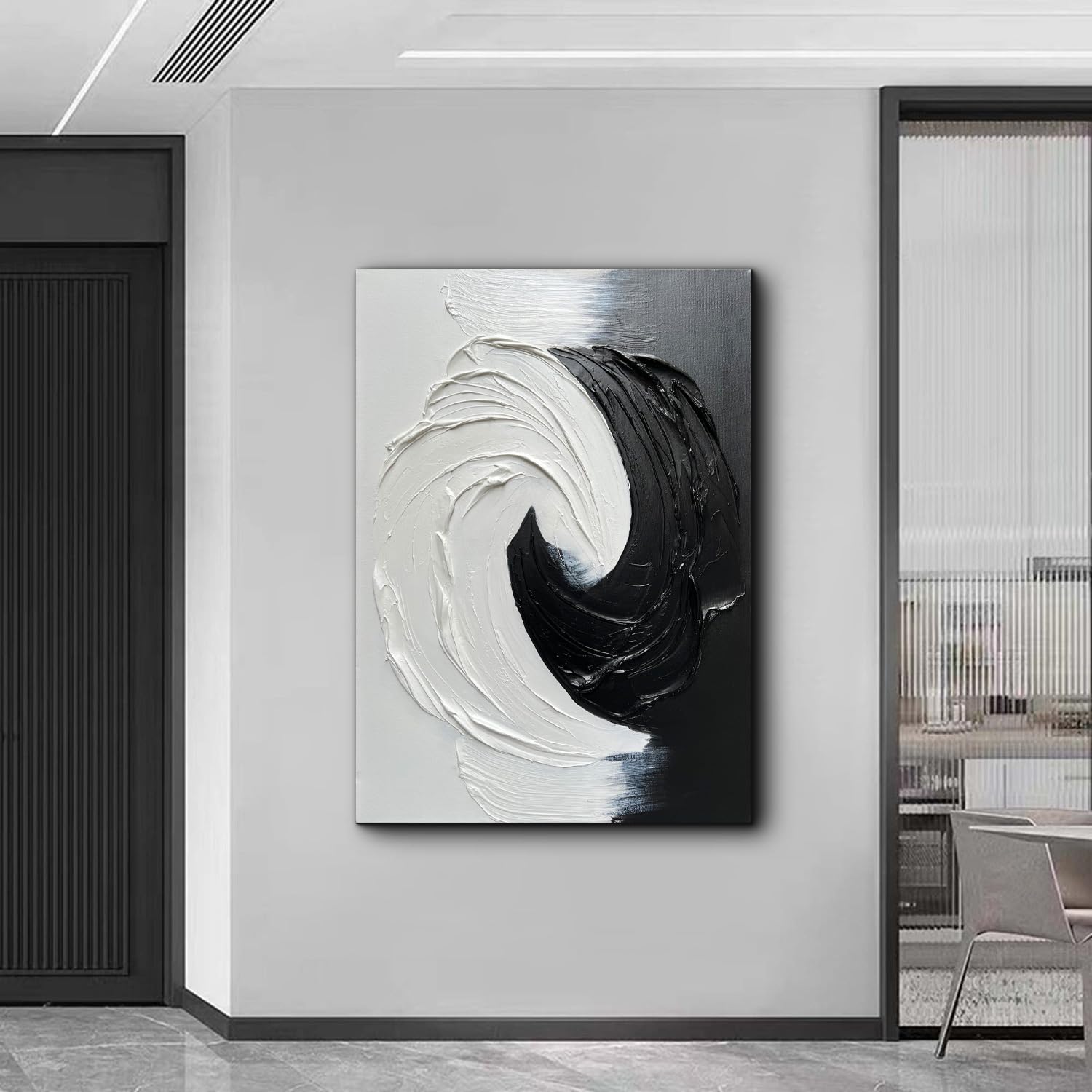 Creespi Black and White Abstract Oil Painting 28x40 Inch - Hand Painted Textured Canvas Art, Modern Minimalist Wall Decor for Living Room, Bedroom & Office