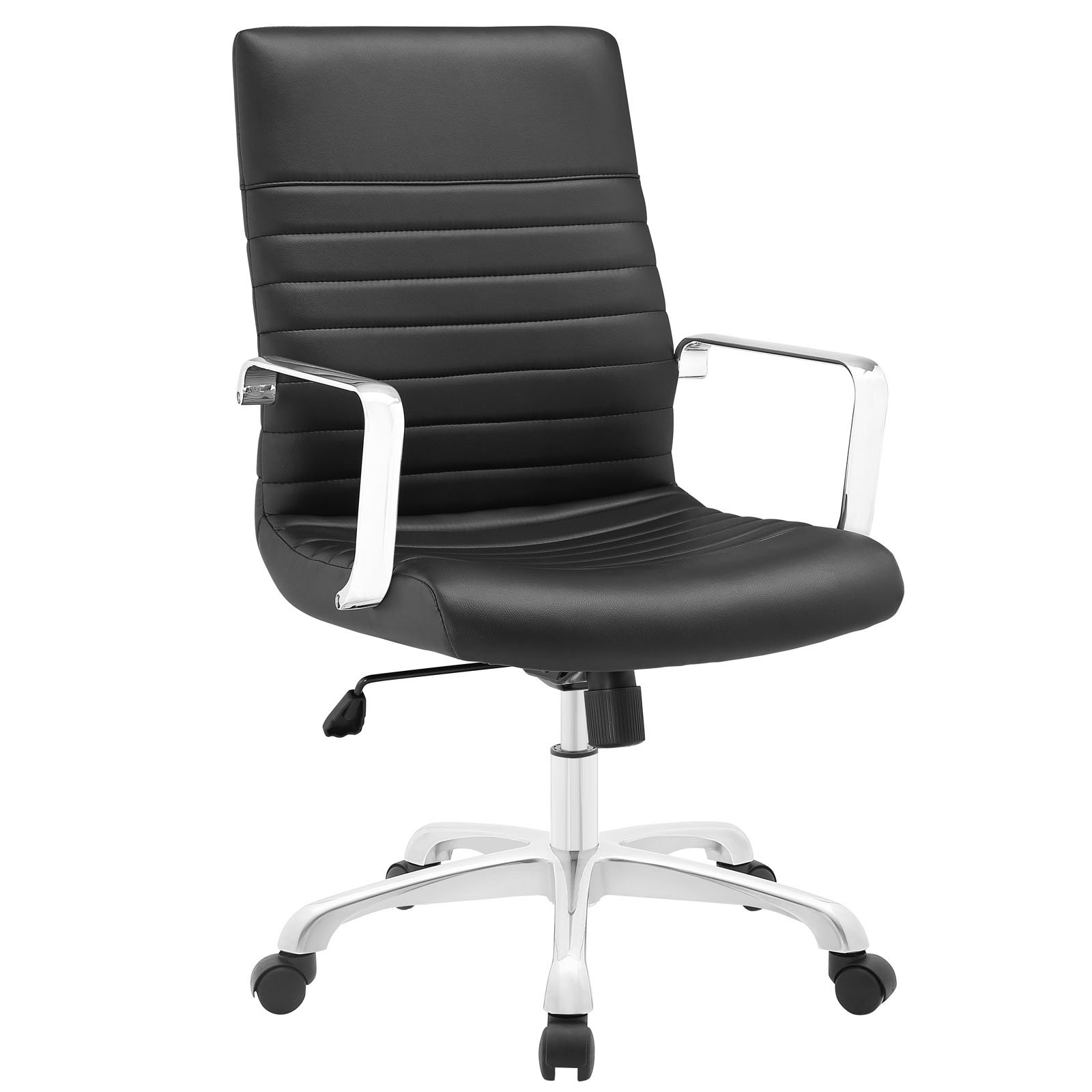 Modway Finesse Ergonomic Swivel Office Chair - Ribbed Faux Leather Mid Back Desk Chair with Lumbar Support, Black - Perfect for Home Office, Computer Work & Gaming Setup