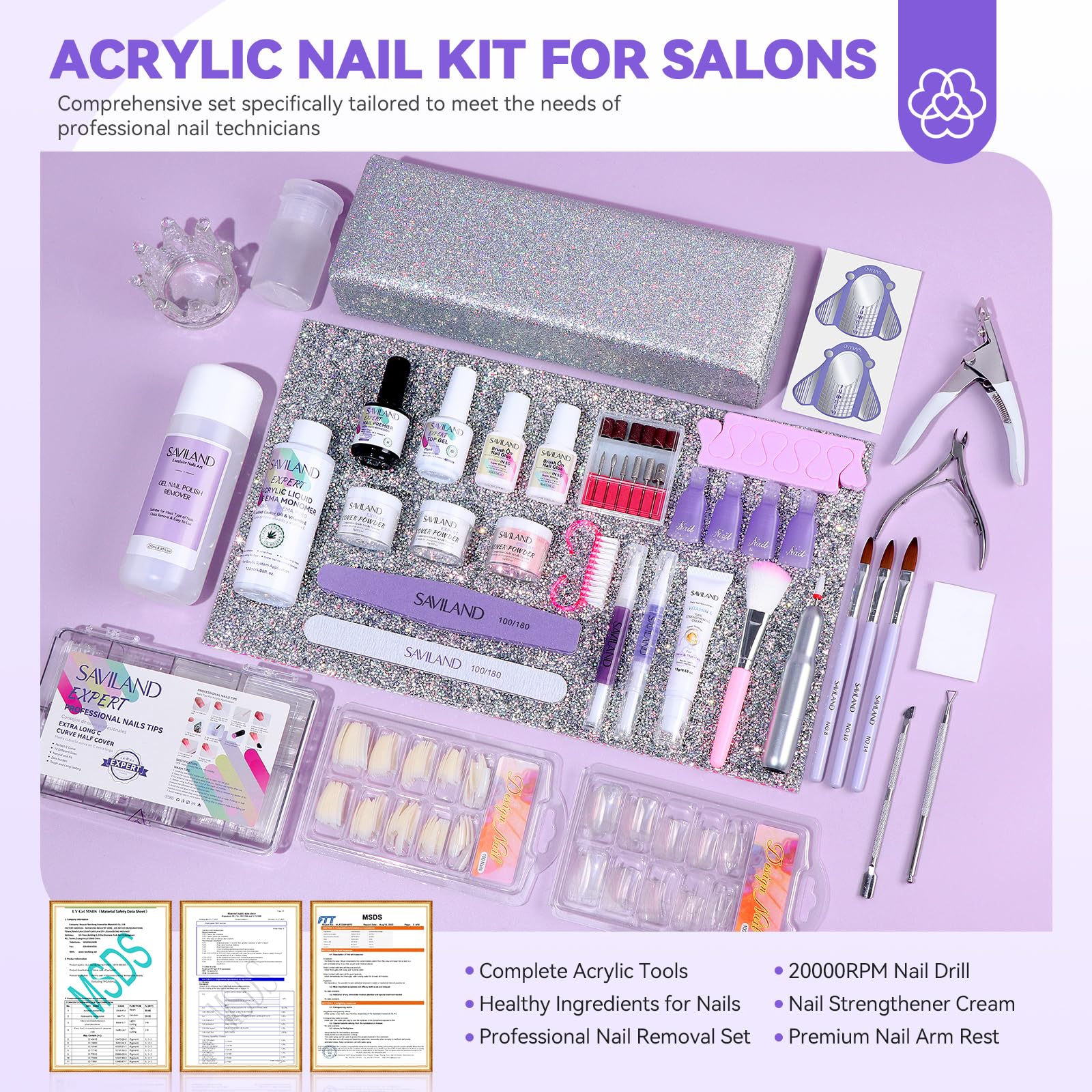 Saviland Acrylic Nail Kit for Beginners & Professionals - 4 Colors Non-Yellowing Acrylic Powder & Liquid Set with Nail Brush & Tips | DIY Salon-Quality Manicures at Home, Perfect for Nail Art & Extensions