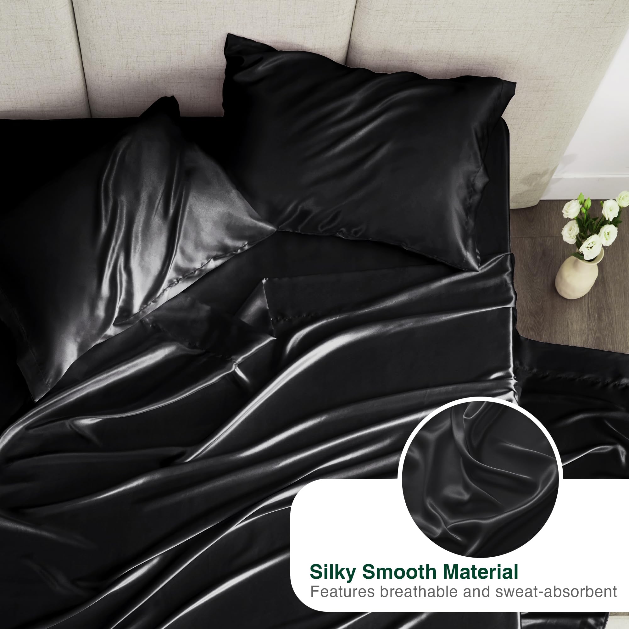 Luxury Satin Queen Sheets Set - 4 Piece Black Silky Bedding with Deep Pockets (1 Flat Sheet, 1 Fitted Sheet, 2 Pillowcases) | Soft Silk Feel for Ultimate Comfort - Perfect for Master Bedroom, Guest Room & Hotel Style Decor