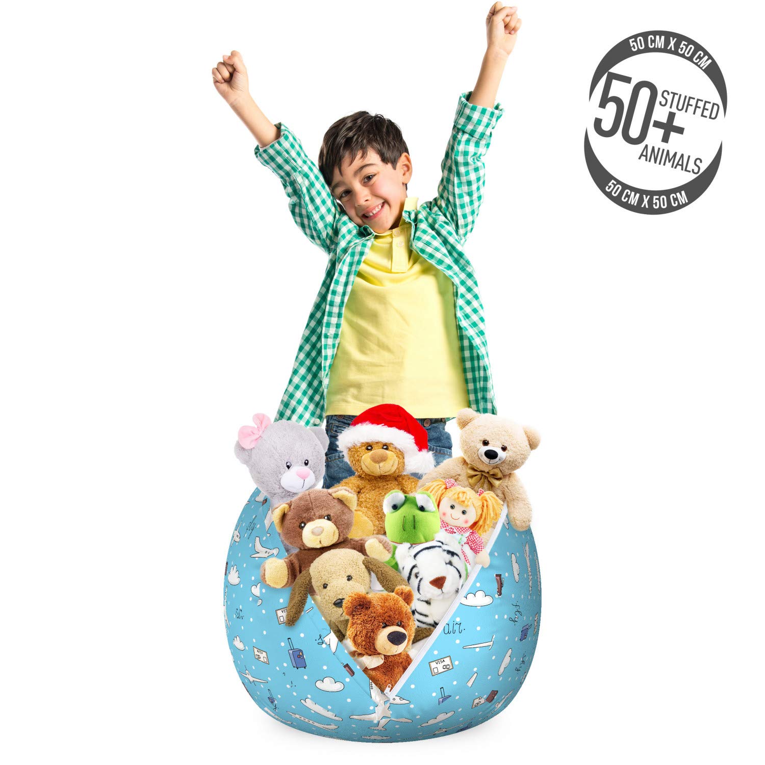 Ambesonne Airplane Toy Storage Bag Chair - Sky Blue Multicolor with Plane & Luggage Pattern - Washable Stuffed Animal Organizer for Kids - Perfect for Playrooms, Bedrooms & Travel