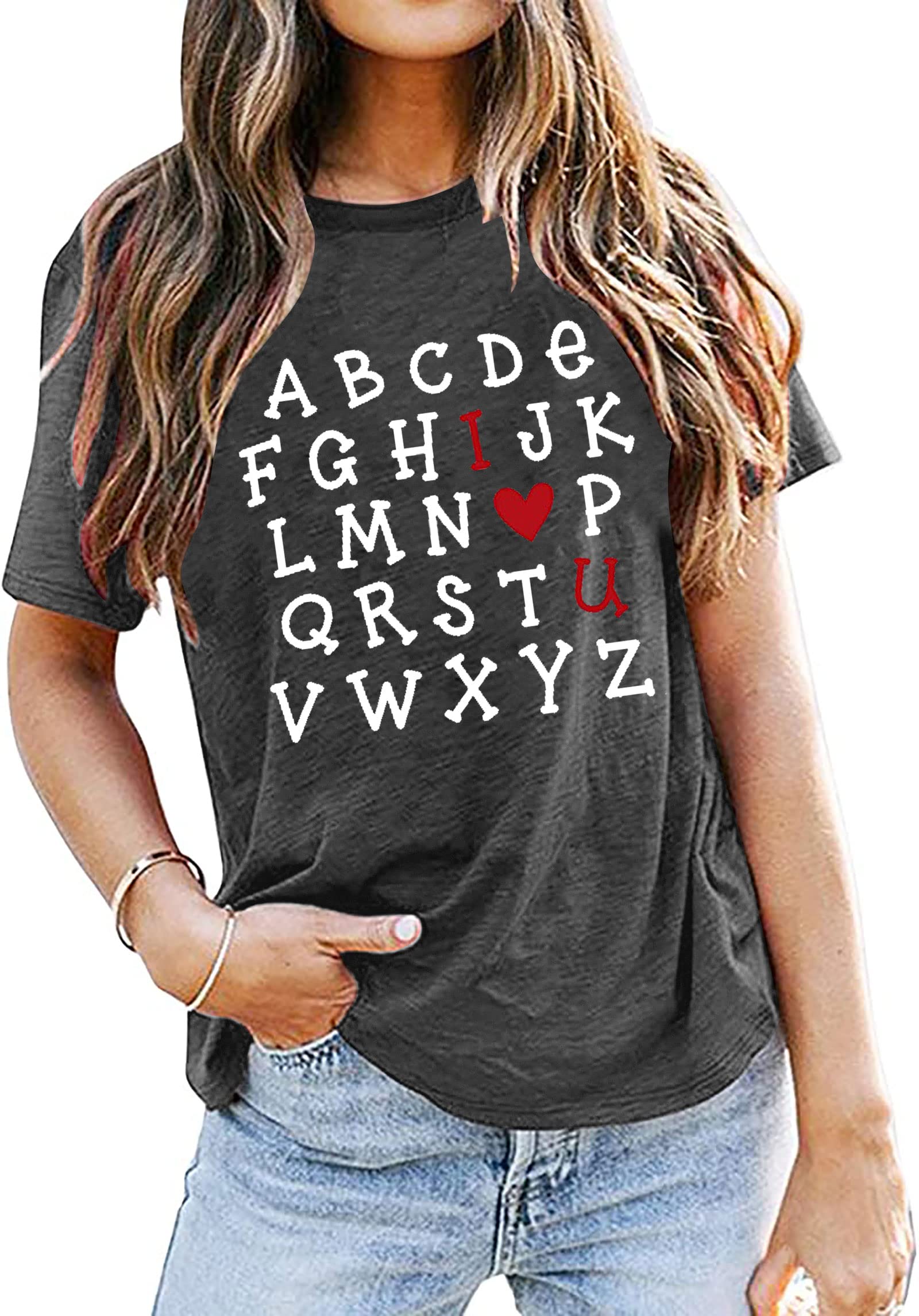 Valentine's Day Shirts for Teachers - Alphabet ABC I Love You Tops, Cute Valentine Gifts for Girlfriend, Short Sleeve Tees - Perfect for Classroom, Date Night & Romantic Occasions