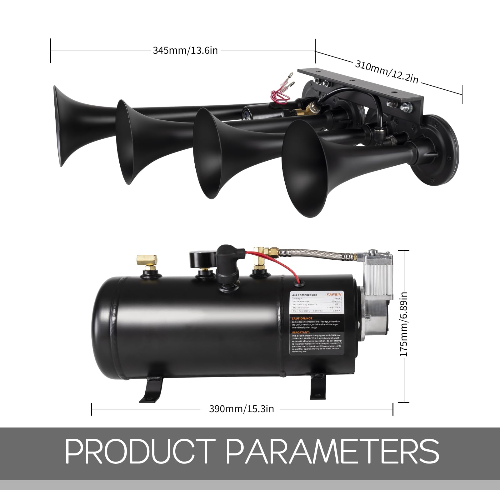 180dB Super Loud Train Horn Kit - 4 Trumpet Truck Air Horn with 150 PSI Air Tank & 0.8 Gallon Compressor - 12V Heavy Duty Vehicle Horn for Trucks, Jeeps, Pickups, SUVs (Black Parallel Horn Kit) - Perfect for Off-Roading, Emergency Alerts & Vehicle Customization