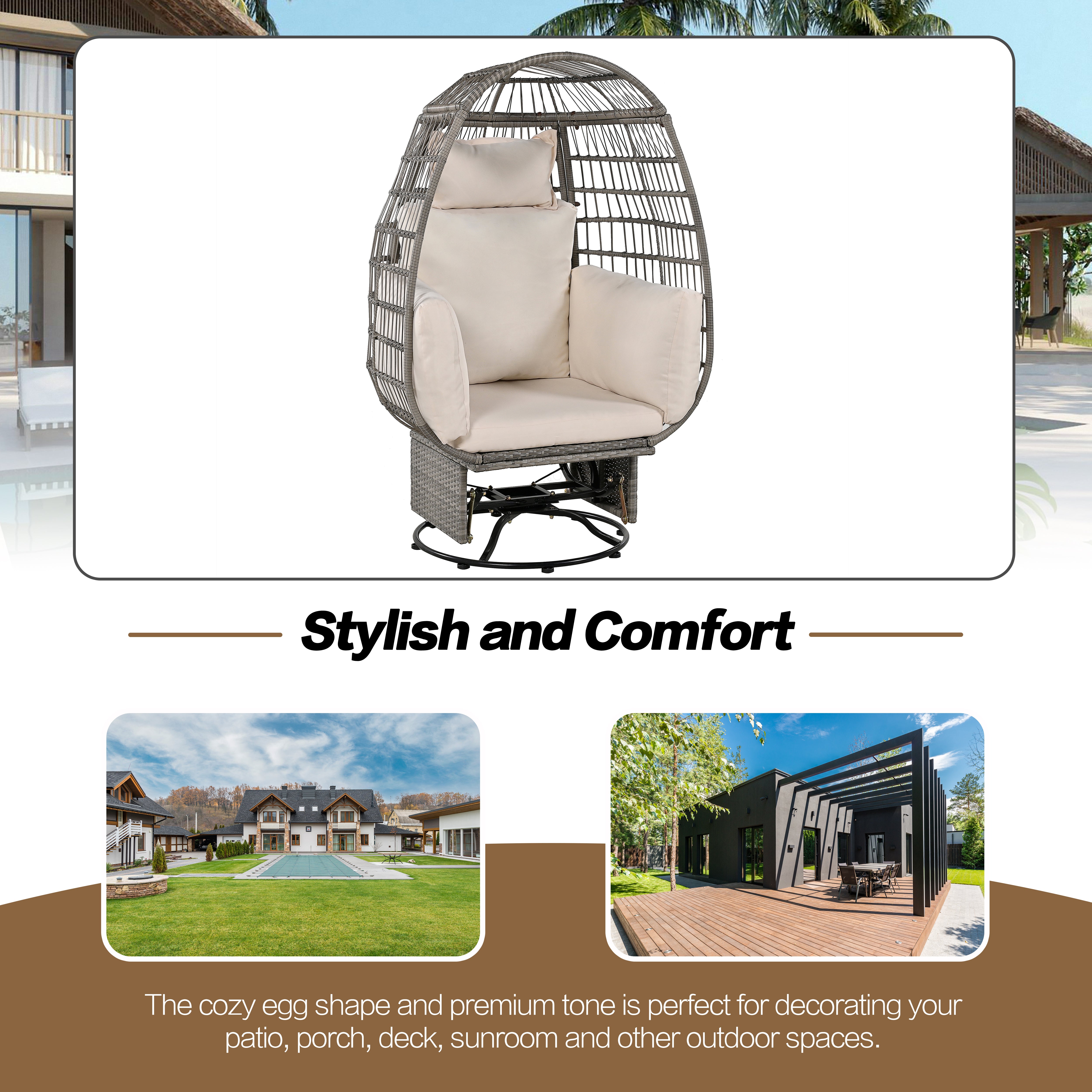 Outdoor Swivel Rocking Chair with Cushions - Rattan Egg Patio Chair for Balcony, Poolside, Garden - Perfect for Relaxing, Lounging & Sunbathing