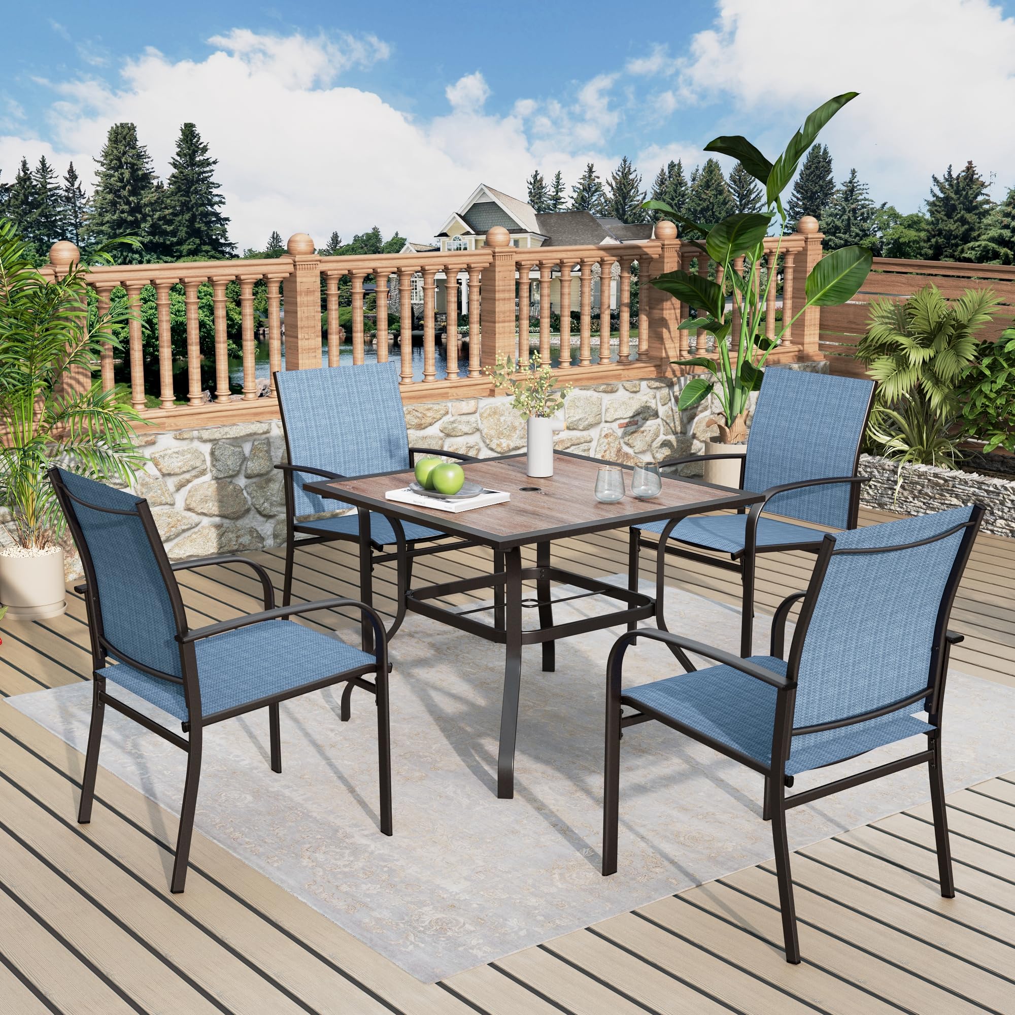5-Piece Patio Dining Set with 4 Blue Textilene Chairs & 37