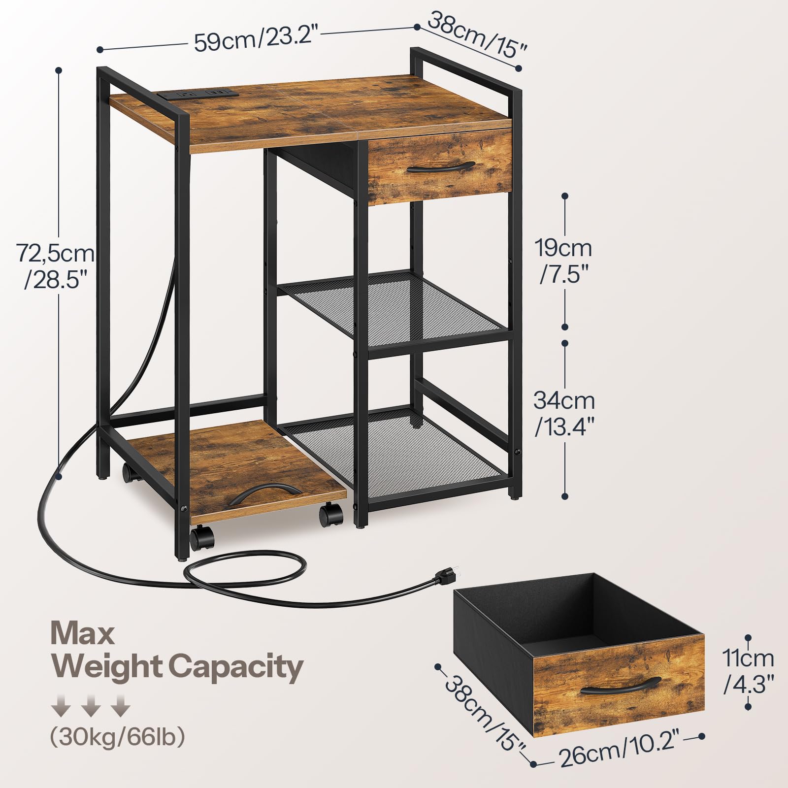 HOOBRO Printer Stand with Charging Station - Rustic Brown & Black Office Organizer with Fabric Drawer for Printer, Shredder & Fax Machine - Perfect for Home Office Workspace Organization & Device Storage