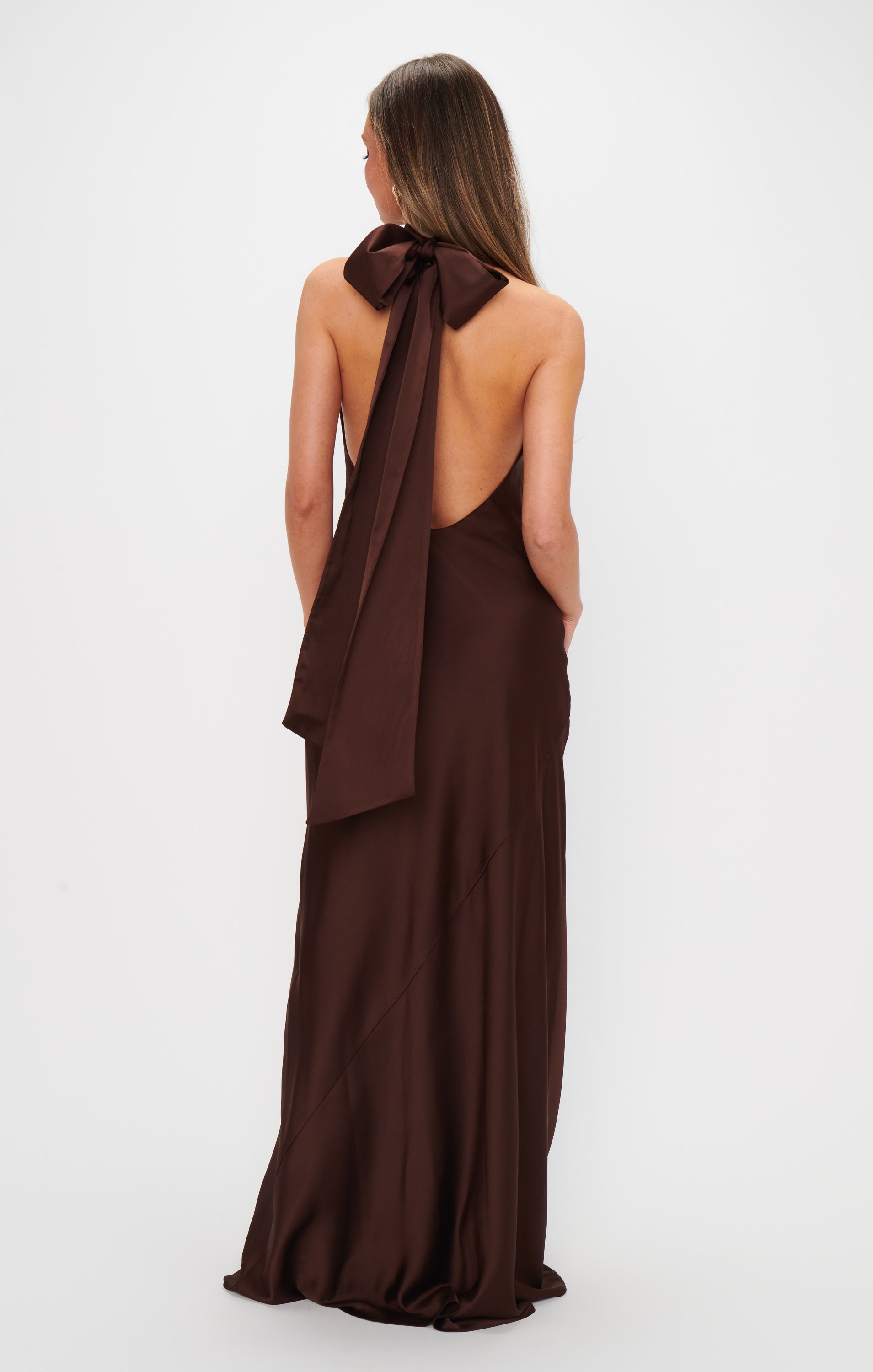 Lisa Maxi Dress - Chocolate Luxe Satin Long Evening Gown for Women, Elegant Formal Dress for Parties, Weddings & Special Occasions