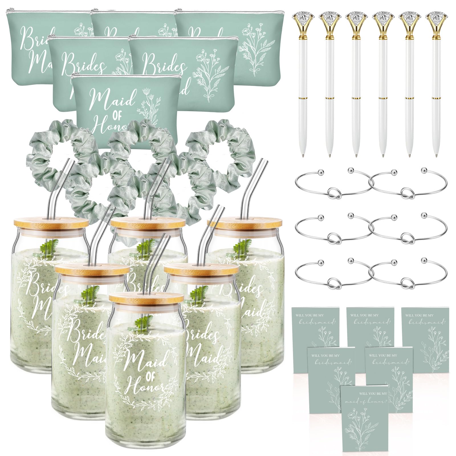 36 Pcs Bridesmaid Proposal Gift Set - 16oz Glass Cup, Cosmetic Bag, Invitation Cards, Scrunchies, Knotted Bracelet & Diamond Pen - Perfect for Wedding Showers, Bachelorette Parties & Bridesmaid Gifts (Green)