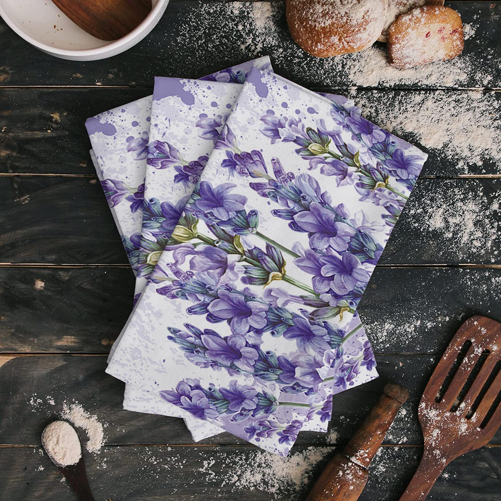 Lavender Dragonfly Flower Kitchen Dish Towels Set of 2 - Soft Lightweight Microfiber Absorbent Hand Towels (18x28 inches) for Kitchen, Bathroom & Dining - Perfect for Drying Dishes, Cleaning Countertops & Decorating