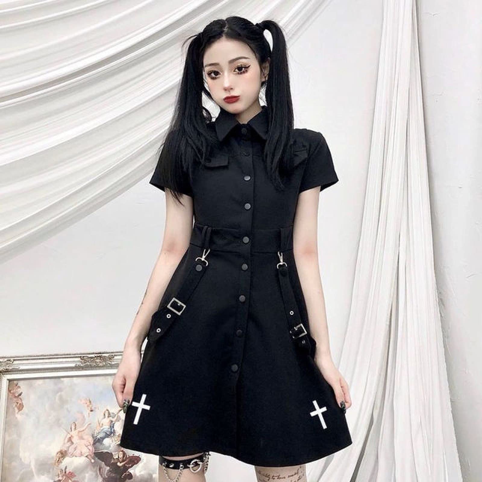 Gothic Punk Mini Dress for Women - Black Short Sleeve Harajuku Style Emo Shirt | Perfect for Summer Concerts, Mall Goth Fashion & Alternative Night Outfits