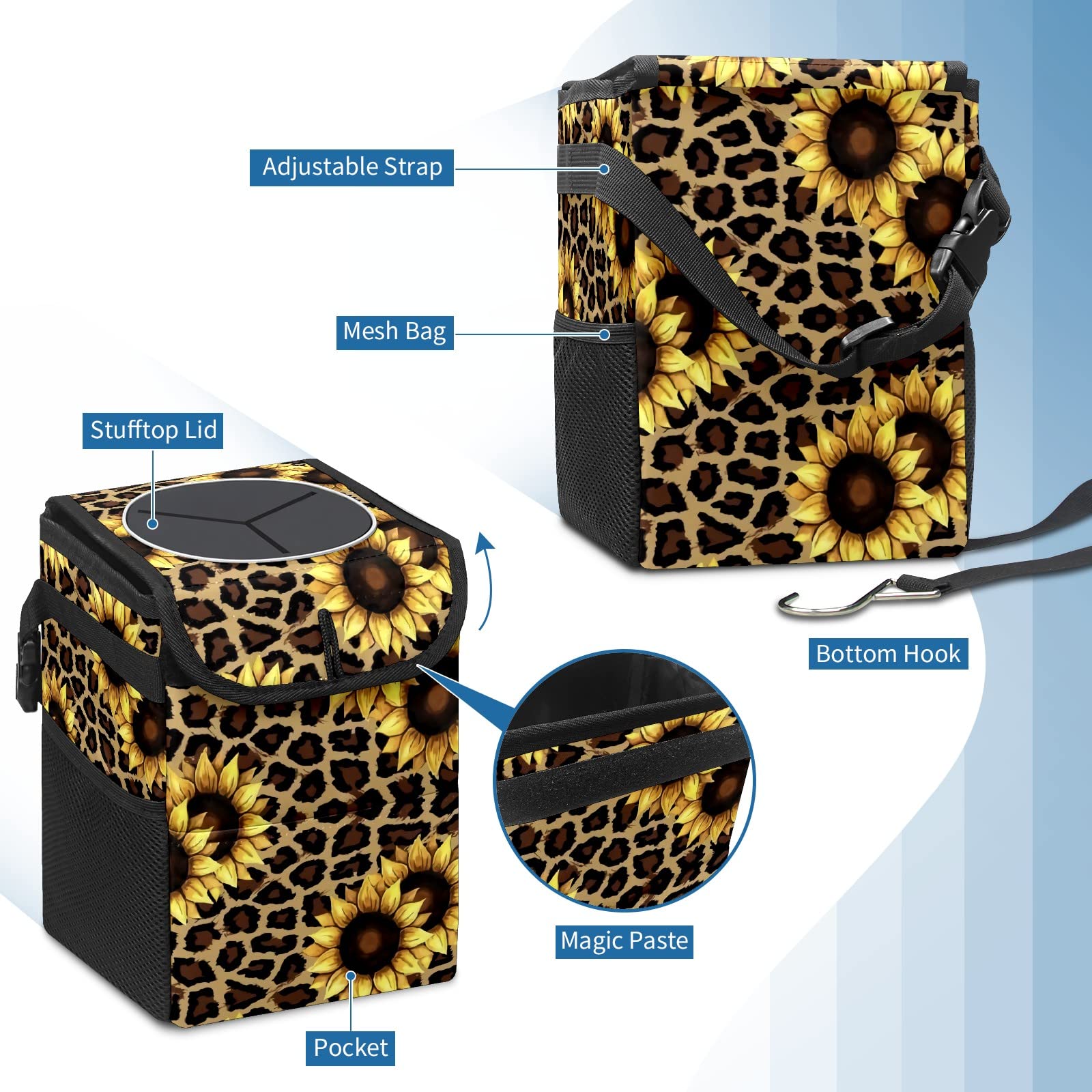 Leopard Sunflower Car Trash Can with Lid - Collapsible Reusable Waterproof Auto Garbage Bin for Car, Truck & SUV | Vehicle Interior Organizer Accessory | Perfect for Road Trips, Commuting & Family Travel