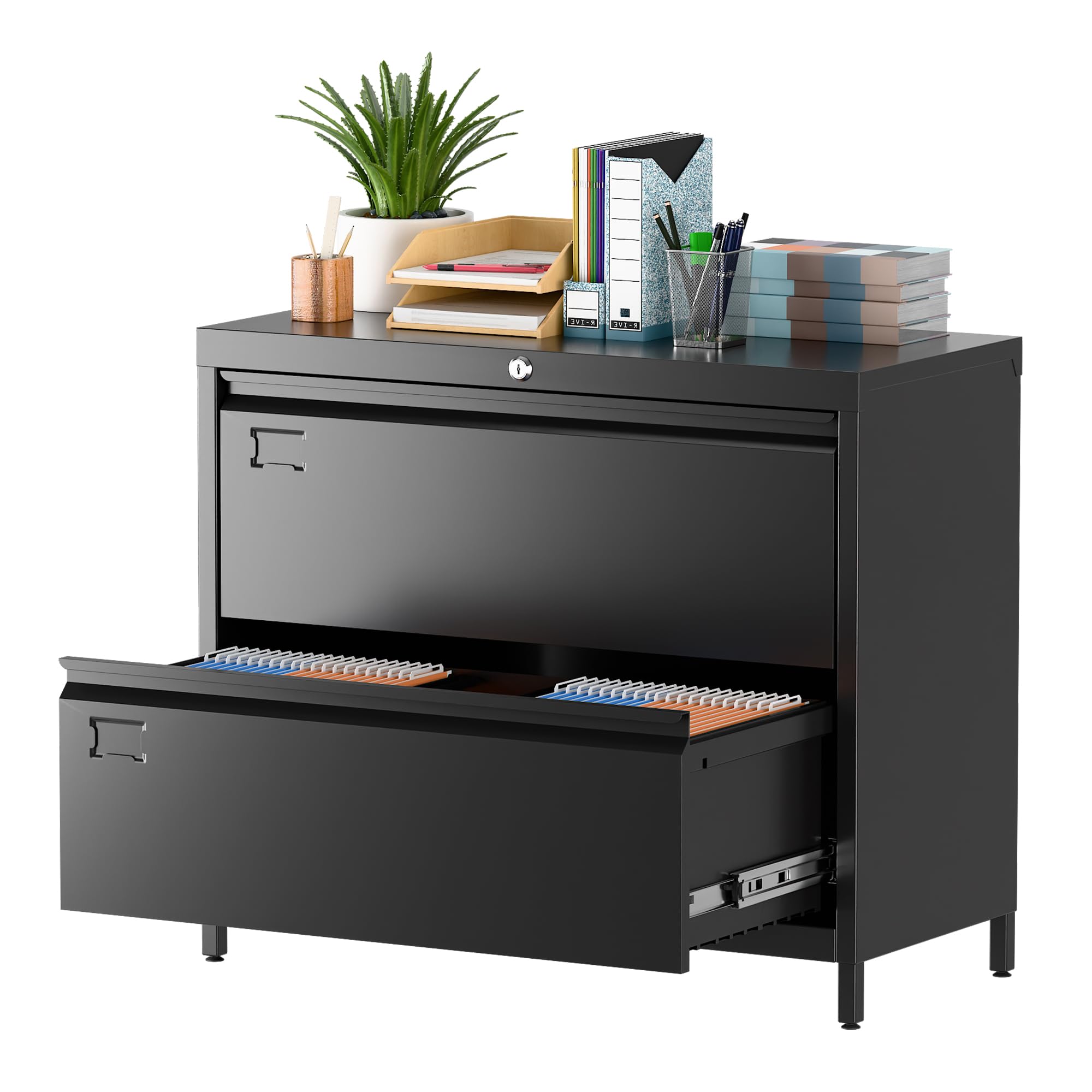 2-Drawer Lateral File Cabinet - Metal Locking Filing Cabinet with Business Card Slot for Letter/Legal/F4/A4 Folders - Black Home Office School Storage Solution - Perfect for Organizing Documents in Small Spaces