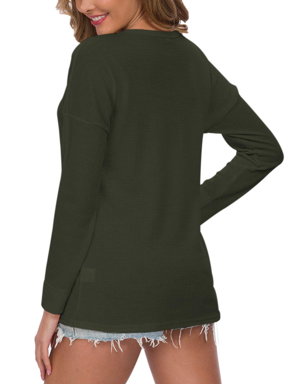 WNEEDU Women's Waffle Knit Tunic Top - Loose Long Sleeve Button Up V-Neck Henley Shirt for Casual Wear, Layering & Fall Outfits | Plus Size Options Available