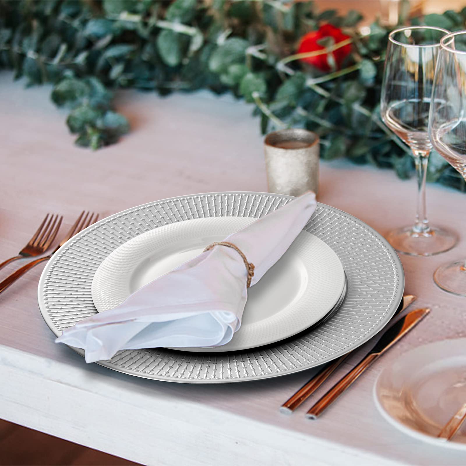 12 Pack Silver Charger Plates - 13 Inch Beaded Elegant Dinner Plates for Wedding, Party, Holiday & Special Events - Perfect for Table Decor, Buffet Serving & Formal Dining Settings