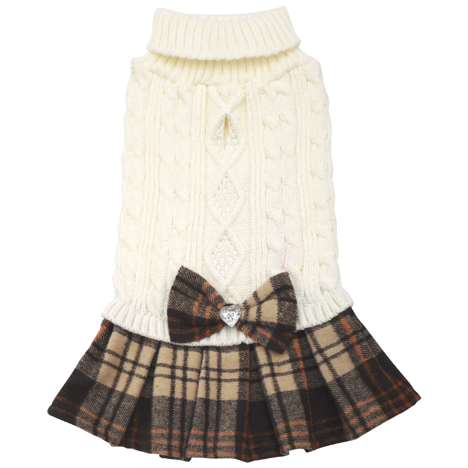 KYEESE Warm Checkered Turtleneck Dog Sweater Dress with Leash Hole & Bowtie - Cozy Winter Pet Clothes for Small Dogs & Cats - Perfect for Outdoor Walks, Holiday Photos & Indoor Comfort (White)