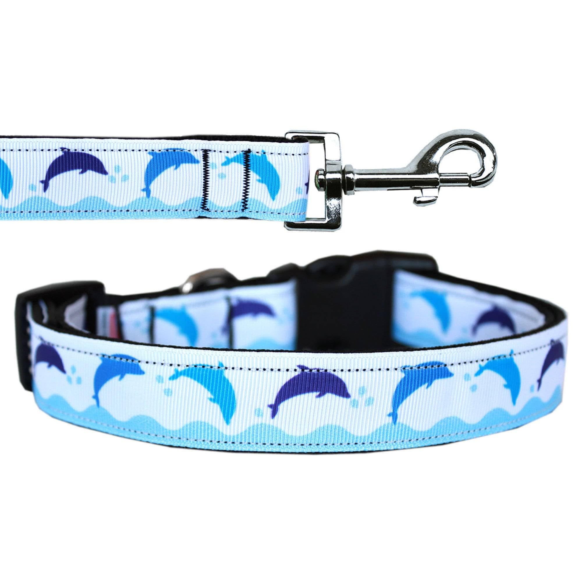 Premium Nylon Pet Collar & Leash Set for Dogs and Cats - Blue Dolphin Pattern, Adjustable & Durable Pet Accessories | Perfect for Daily Walks, Training, and Outdoor Adventures