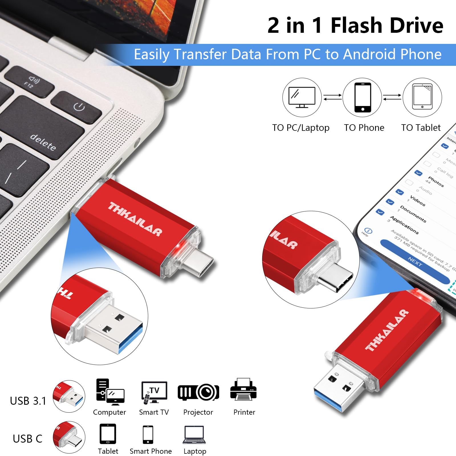 128GB USB C Flash Drive 3.1 Gen 1 - Dual USB A & C OTG Thumb Drive - High Speed External Memory Stick for PC, Android, Laptop, Tablet - Perfect for Work, School & Travel Data Storage (Red)