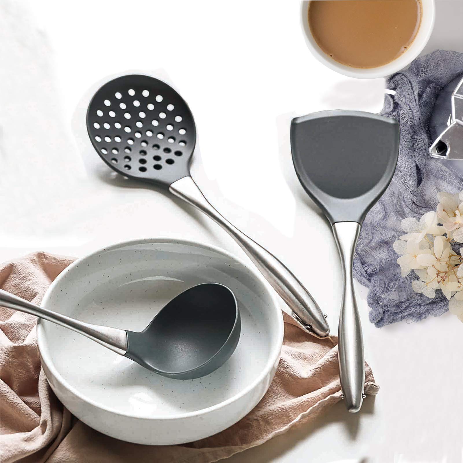 Premium 3-Piece Silicone Kitchen Utensil Set - Heat-Resistant Stainless Steel Handle with Flexible Silicone Head (Wok Spatula, Ladle, Slotted Spoon) - Grey - Perfect for Non-Stick Cookware, Stir-Frying, Serving Soups & Pasta