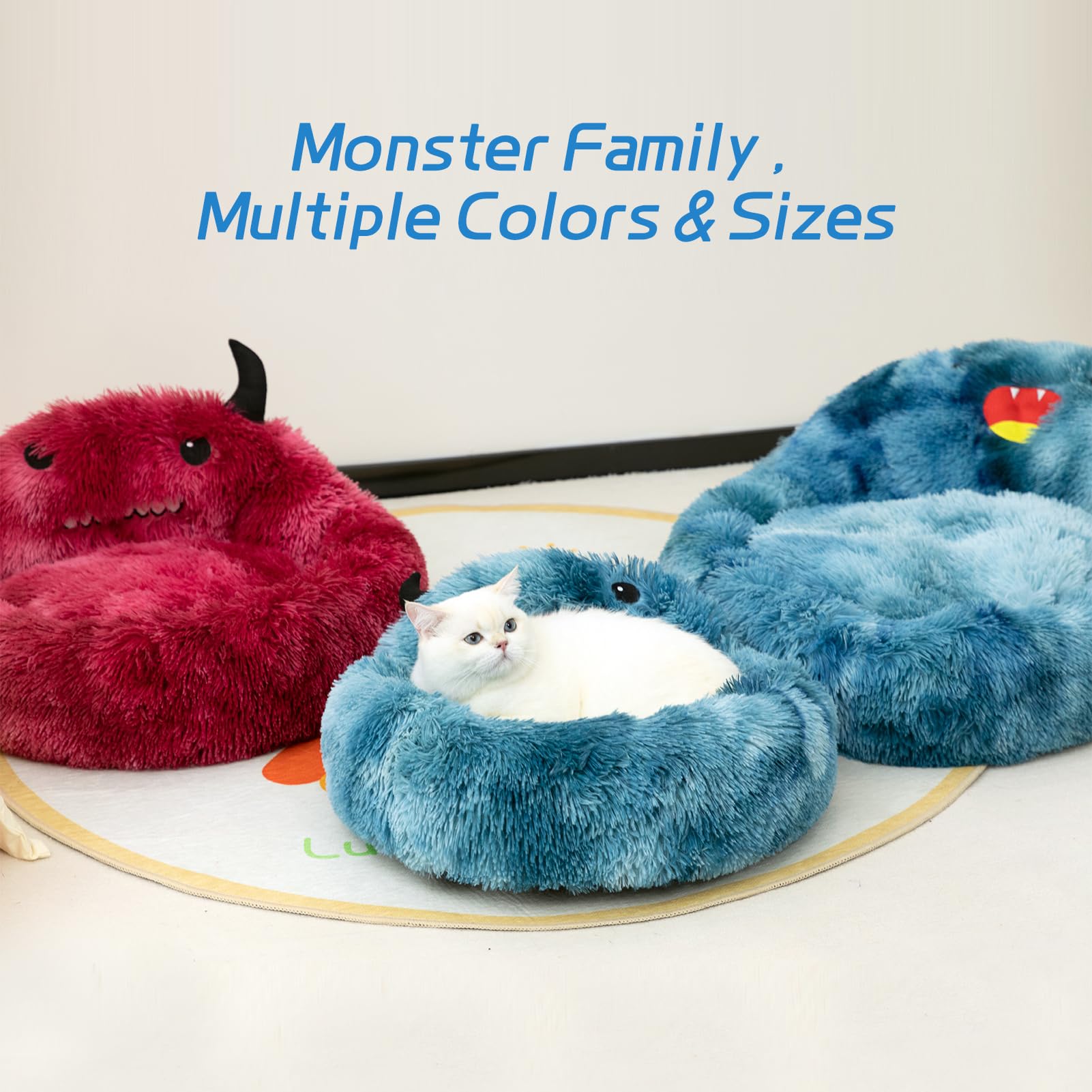 Hollypet Self-Warming Donut Pet Bed - Round Faux Fur Luxury Cozy Cat & Dog Bed - Medium Size Blue Pet Nest for Indoor Sleeping - Perfect for Winter Warmth and Comfort in Living Room or Bedroom