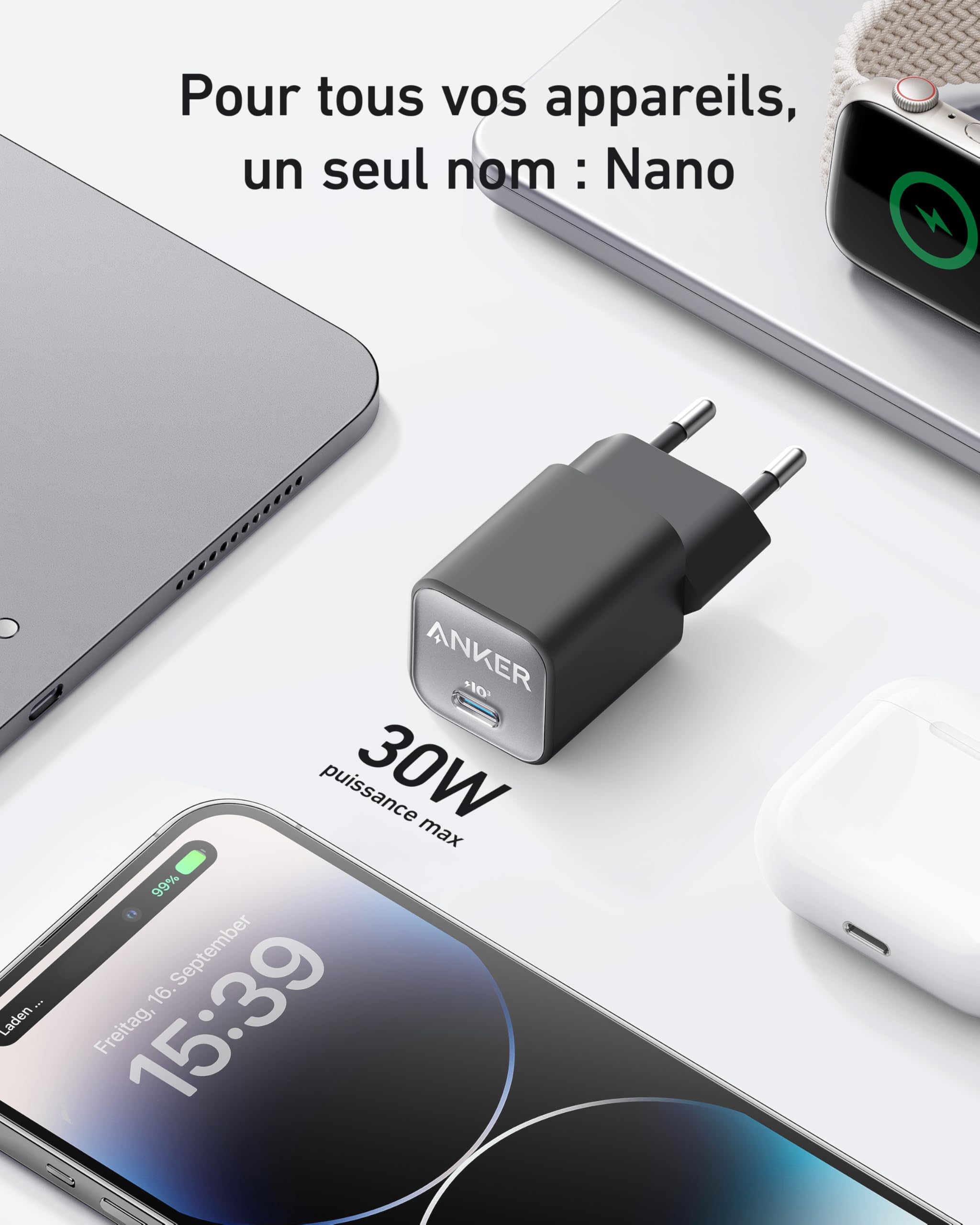 Anker 30W USB C GaN Fast Charger with PIQ 3.0 PPS - Compact Power Adapter for iPhone 15/15 Pro/15 Pro Max, Samsung Galaxy, Google Pixel 4/3, iPad - Perfect for Travel, Office & Home Charging (Cable Not Included)