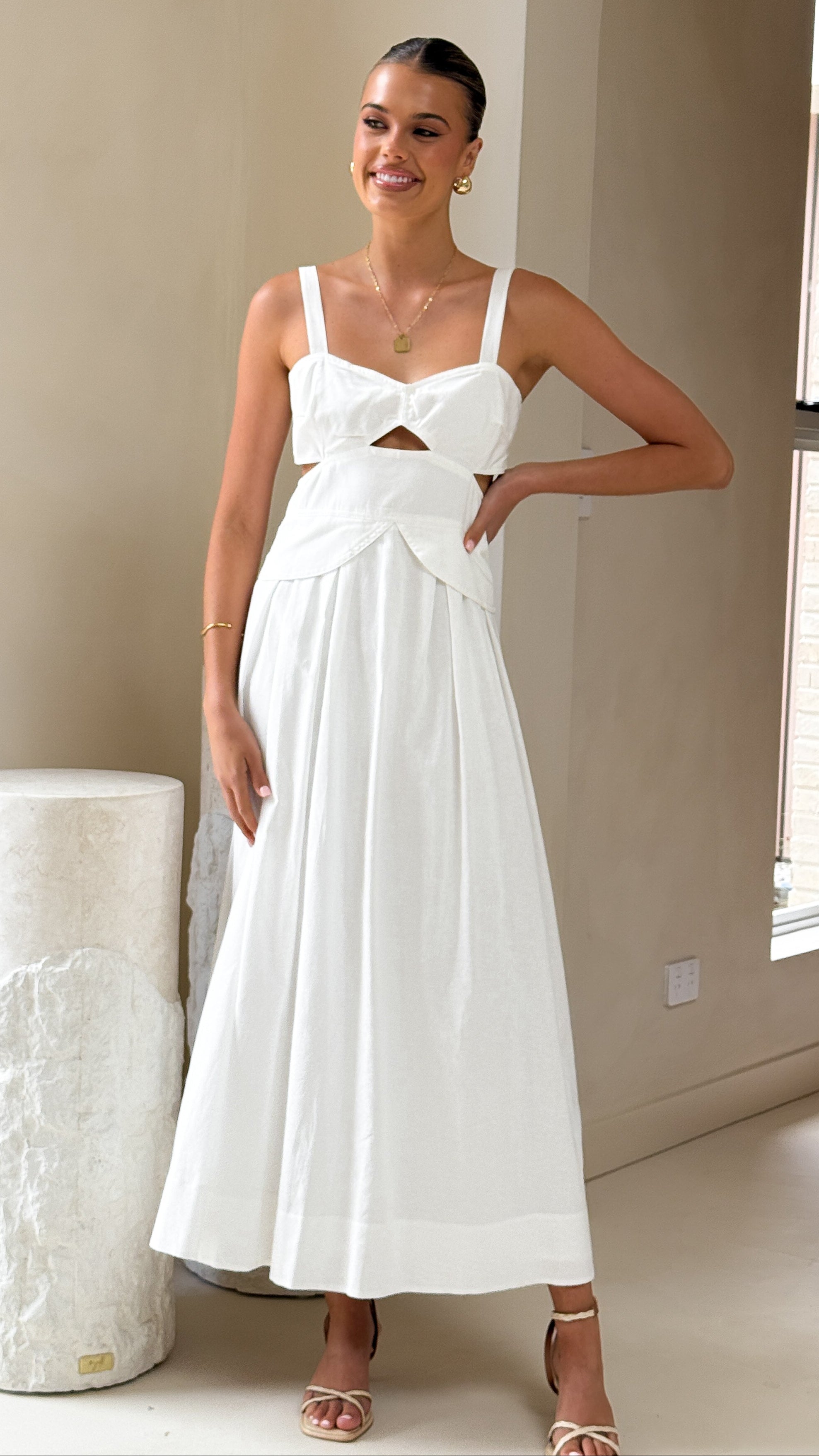 Harleigh Midi Dress - Elegant White Flowy Summer Dress for Women | Perfect for Beach Vacations, Date Nights & Brunch Outings