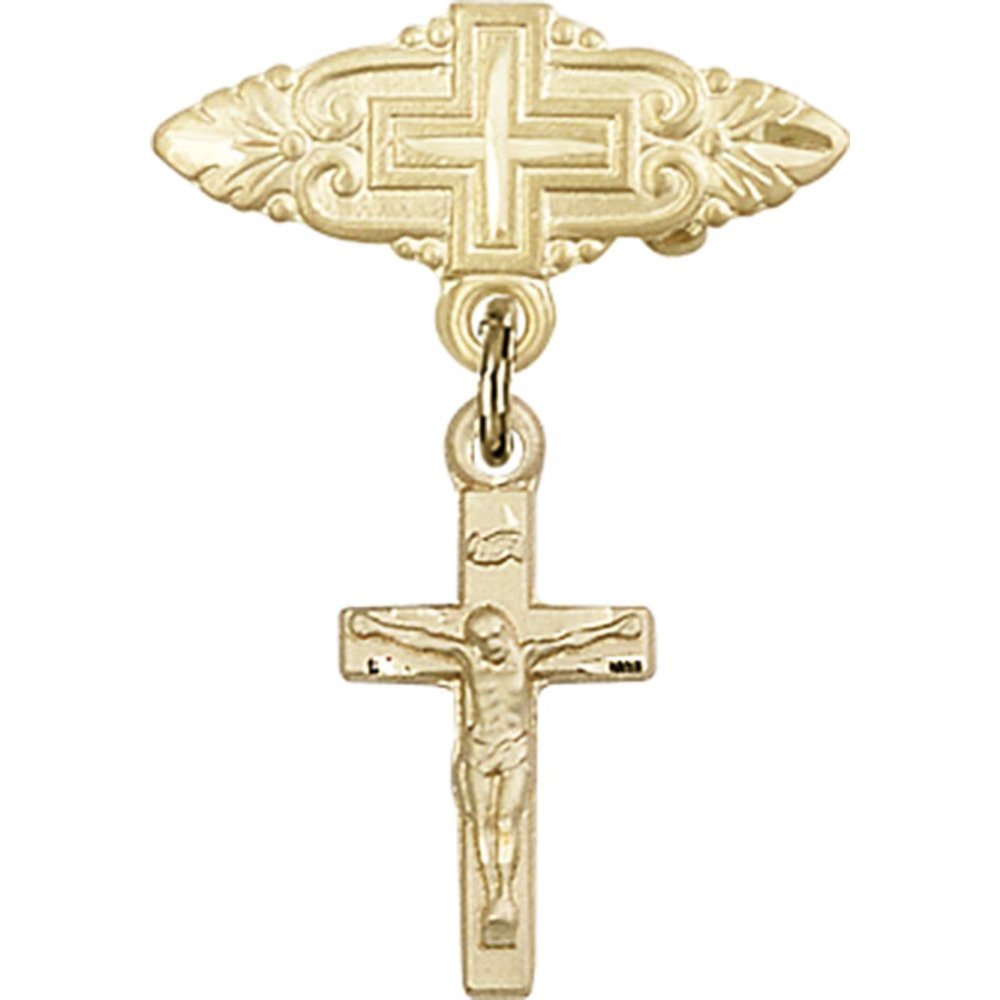 Gold Filled Baby Badge with Crucifix Charm - 1 X 3/4 Inch Religious Pin for Christening, Baptism & First Communion - Perfect for Baby Gifts & Christian Jewelry Collections
