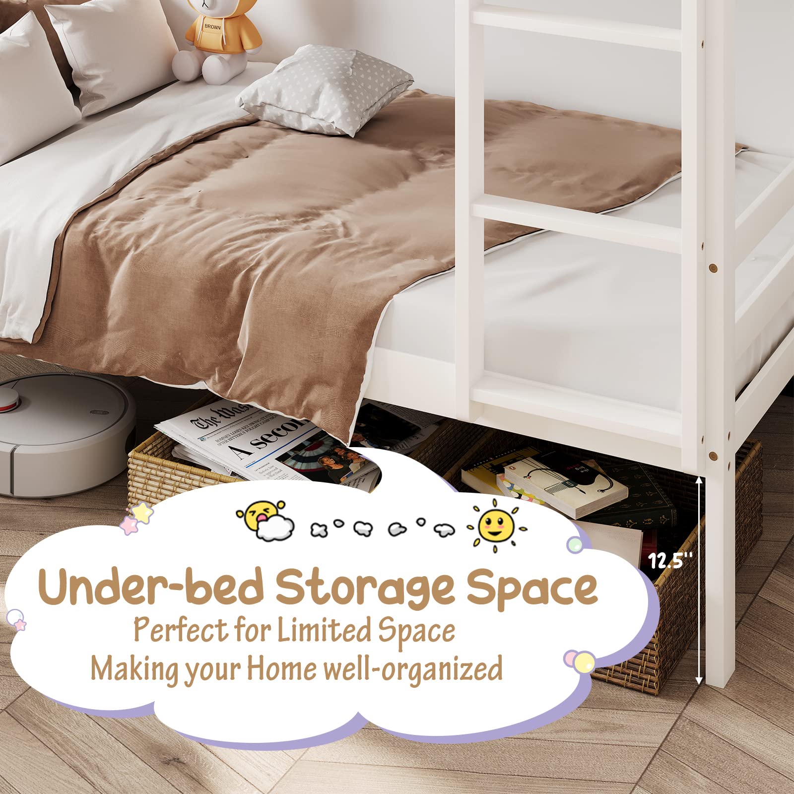 KOMFOTT Solid Wood Twin Over Twin Bunk Bed with Ladder & Safety Guardrail - Sturdy Kids Bed Frame for Dormitories, Shared Rooms & Multi-Child Families - No Box Spring Needed - Perfect for Sleepovers, Space-Saving Kids Bedrooms & Vacation Homes