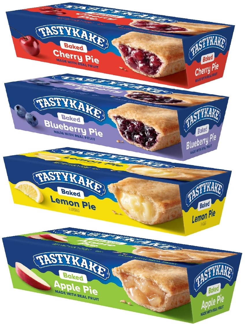 Tastykake Variety Baked Pies 4-Pack - Cherry, Blueberry, Lemon & Apple Flavors with Real Fruit Filling | Perfect for Snacks, Lunchboxes & Desserts | American Baked Goods for Family Gatherings & Parties