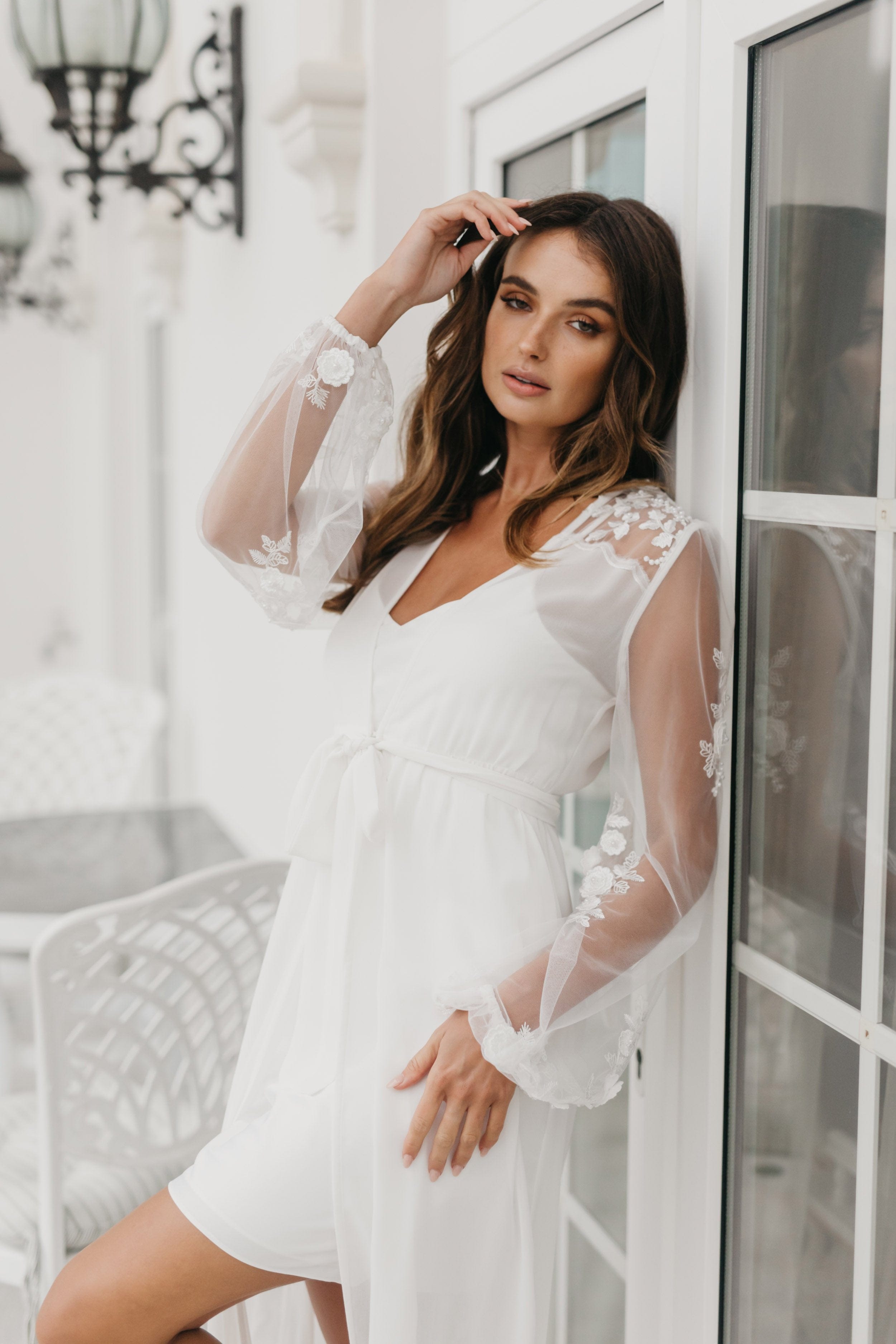Amara Beaded Floral Lace Maxi Bridal Robe with Train & Slip - Elegant Wedding Gown for Bride, Bridesmaids & Photoshoots | Perfect for Ceremony, Reception & Honeymoon