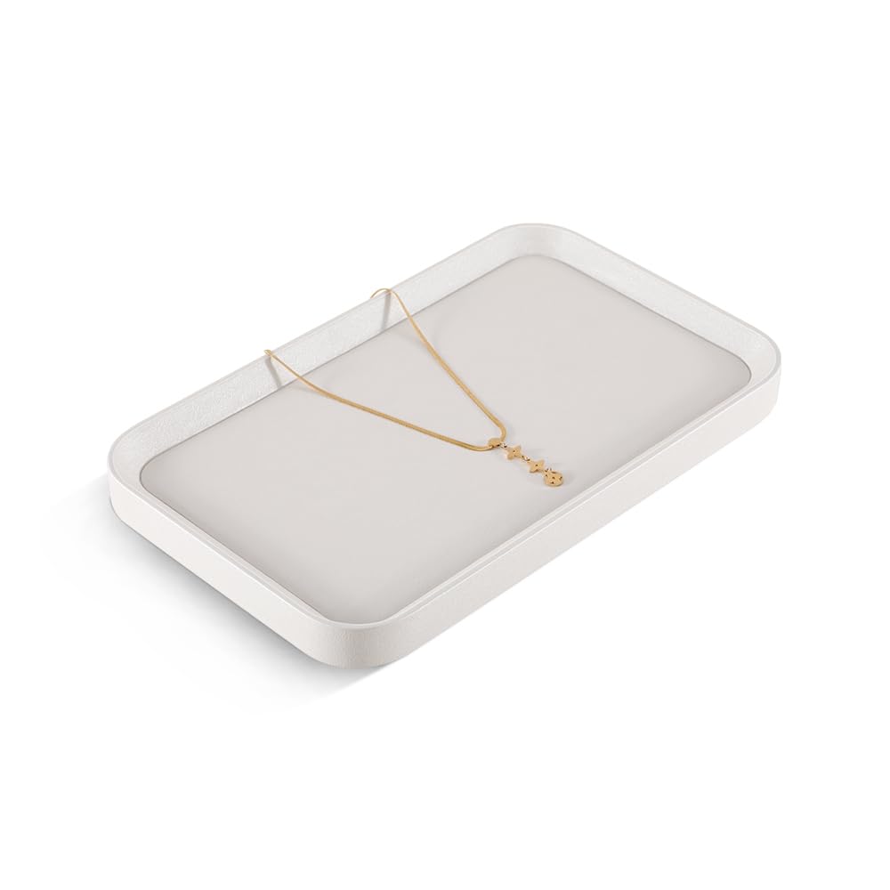 PU Leather Jewelry Display Tray - Gold Bangle & Pendant Storage Organizer for Earrings, Rings, Necklaces - Countertop Shop Holder Plate - Perfect for Retail Stores, Boutiques & Home Organization (White, Large)