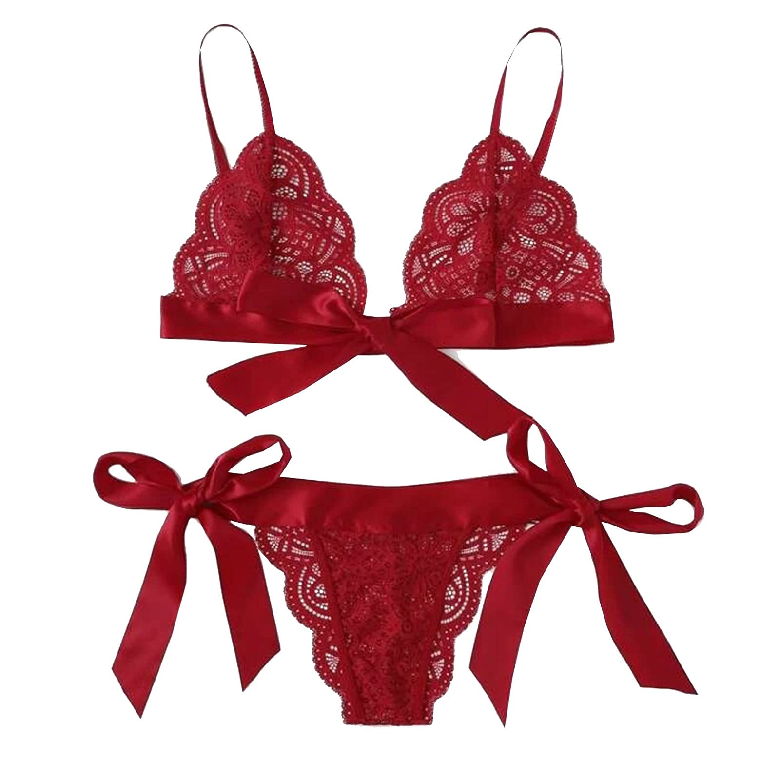 Sexy Women's Lace Underwear & Pajama Set - Scalloped Trim Tie Side Bra & Panty with Bow Babydoll Lingerie | Perfect for Valentine's Day, Honeymoon & Romantic Nights