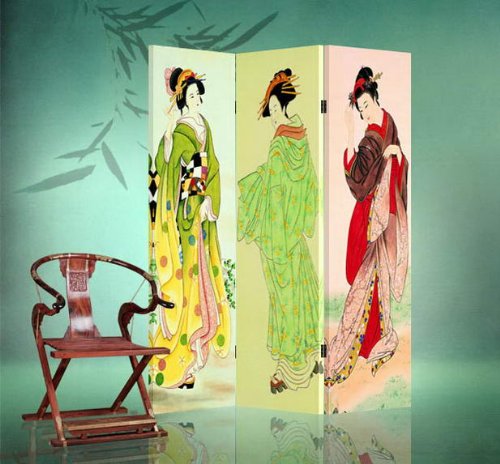 Japanese Style Double Sided Canvas Room Divider - Hand Painted Three Geishas Artwork for Home Decor, Office Partition & Meditation Space
